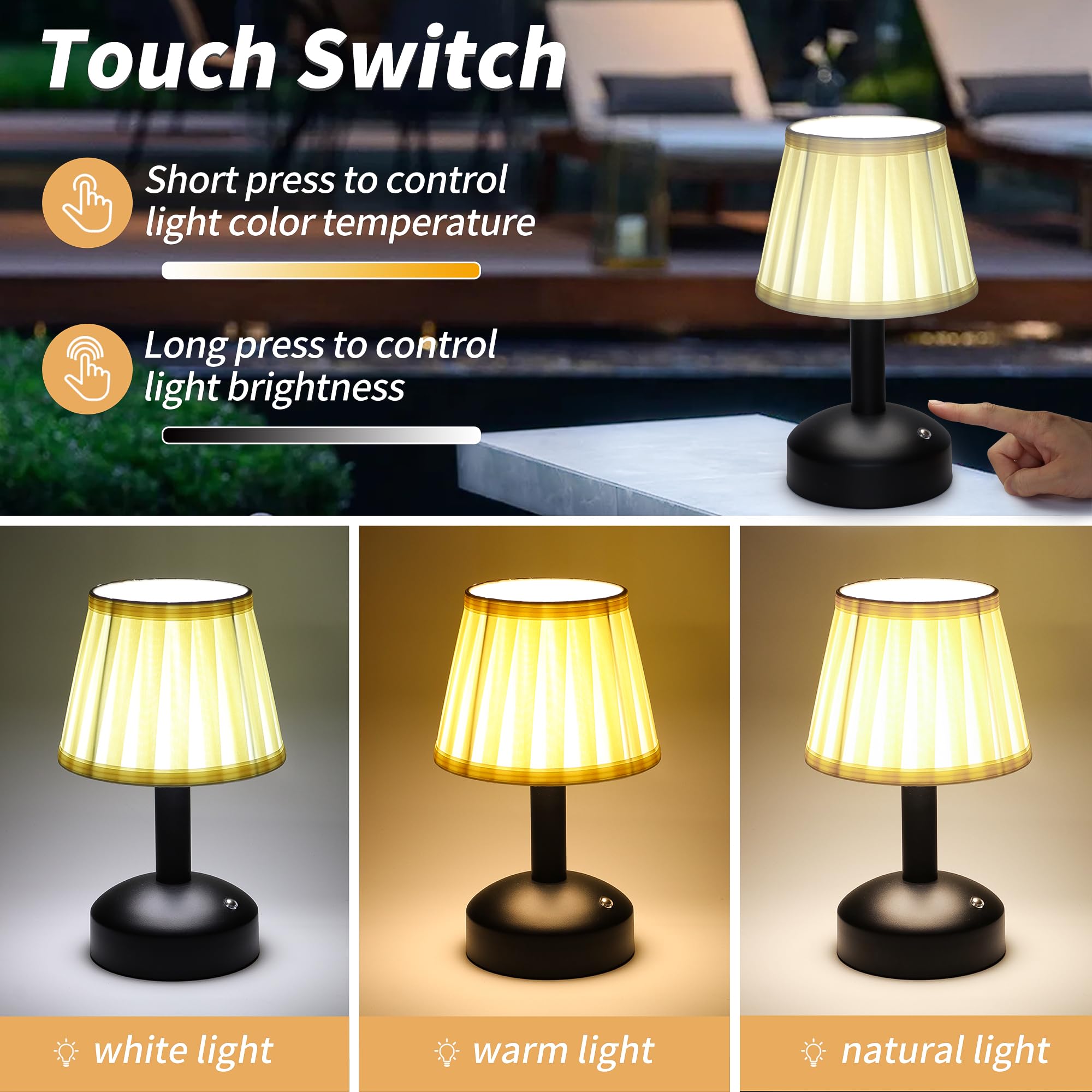 Mr.White Rechargeable Cordless Table Lamp with Fabric Lampshade & Adjustable Poles, 5200mAh Battery Operated Portable Table Light for Patio Restaurant Kitchen Dining (Black — view 3