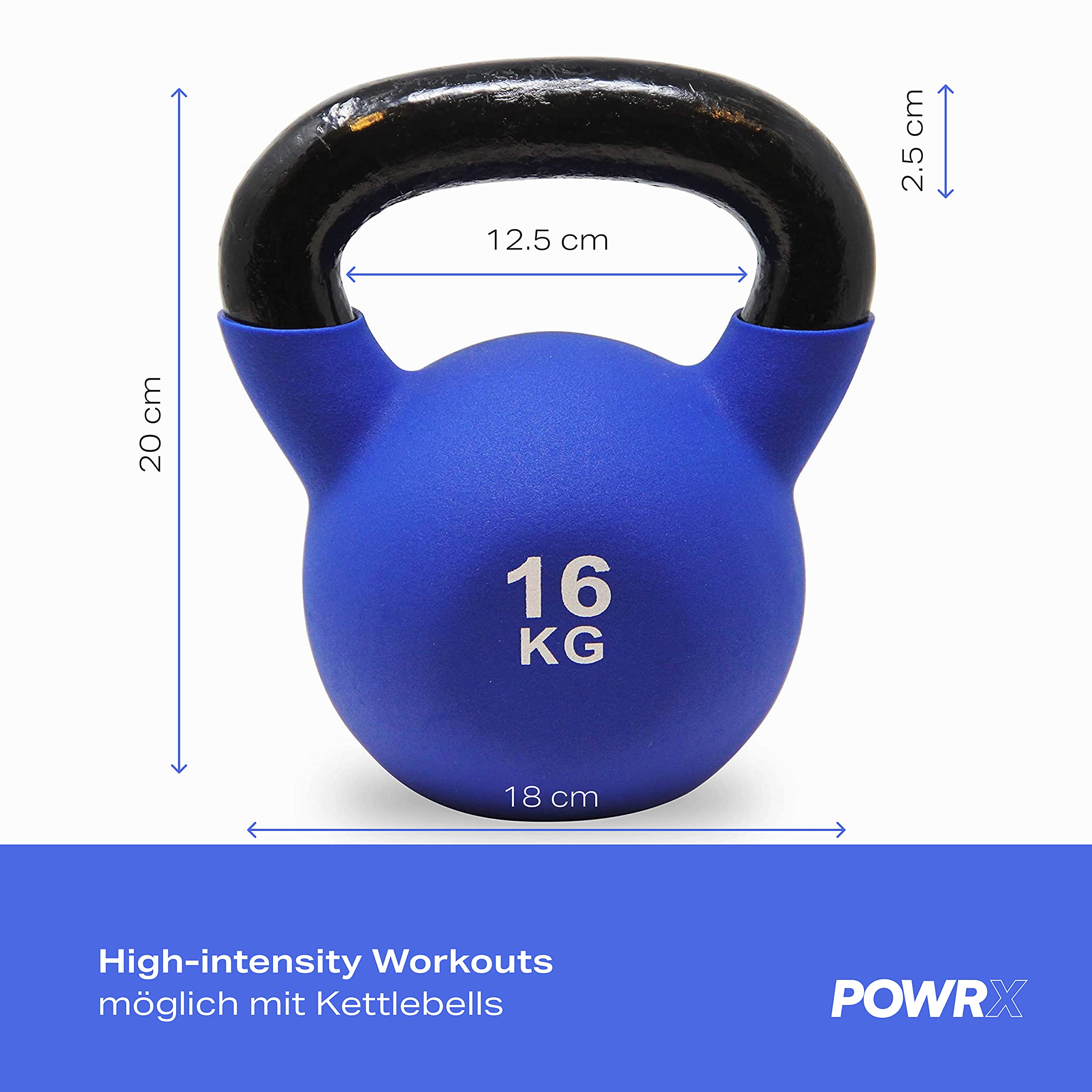 POWRX Kettlebell ghisa 16 kg - Ideale per esercizi di »Functional Fitness« - Rivestimento in neoprene & Presa antiscivolo + PDF workout (Blu)