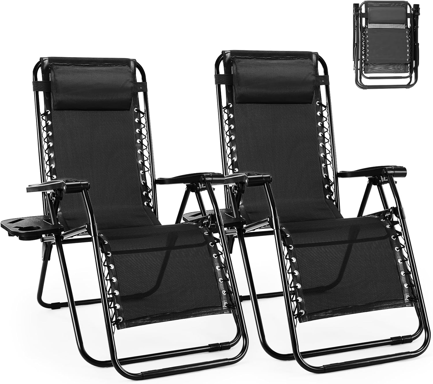 SMUG Set of 2 Zero Gravity Chair, Outdoor Lounge Chairs, Portable Folding Reclining Camping Chair with Adjustable Pillow and Cup Holder Trays for Patio Garden Lawn Beach, Classic Black