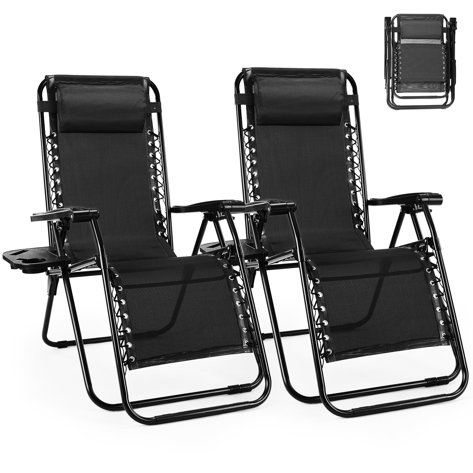 SMUG Set of 2 Zero Gravity Chair, Outdoor Lounge Chairs, Portable Folding Reclining Camping Chair with Adjustable Pillow and Cup Holder Trays for Patio Garden Lawn Beach, Classic Black