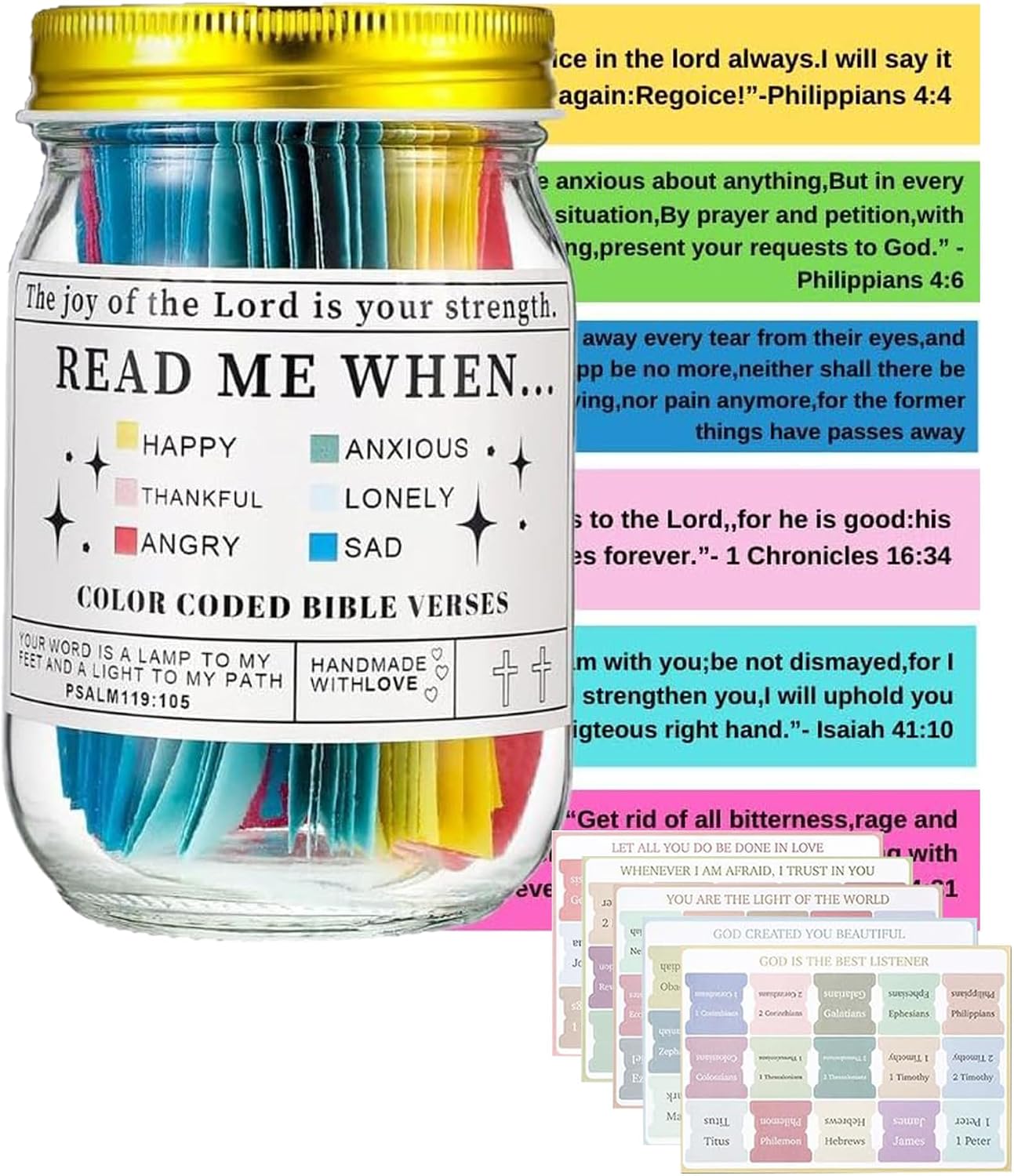 65 Pcs Bible Verse Jar Set, Bible Verse Notes 2.76×4.7 Inch Jar With 60pcs Color-Coded Bible Verses Notes Hope Jar Bible Verses Christian Gifts Church Biblical Faith Gift