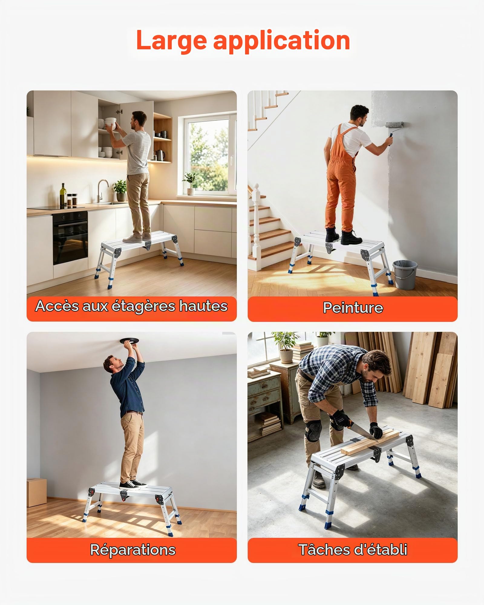 VEVOR Plateforme de Travail Pliable, Hauteur Réglable 360-508 mm, Marchepied en Alliage d'Aluminium, Capacité de Charge 226,8 kg, pour Peinture, Nettoyage, Maison et Usage Professionnel, Antidérapant