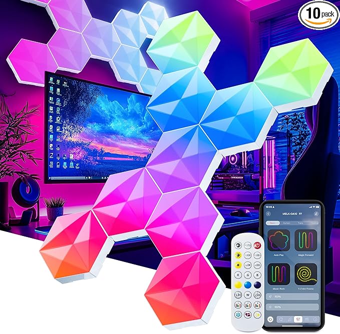 10 Pack Smart Hexagon Light Panels, 55mm RGBIC Color Changing with App & Remote, Music Sync for Gameroom Lighting, Party Decor