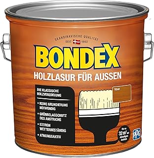 Bondex Holzlasur für Außen Teak 2,5 L für 32 m² | Hoher Wetter- und UV-Schutz | Natürliches Abwittern - kein Abplatzen | seidenmatt | Holzschutzlasur | Holzlasur
