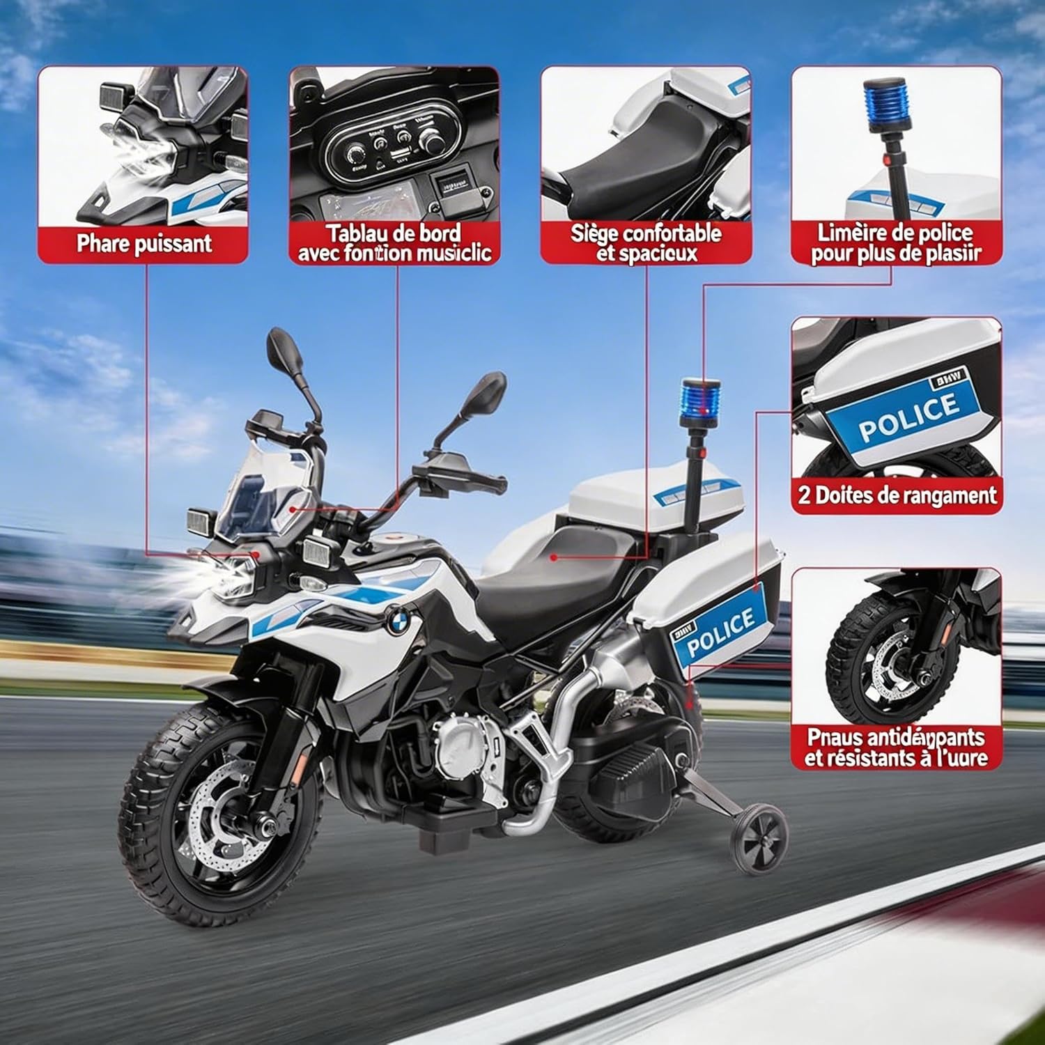 12V Children's Police Electric Motorcycle, Police Motorcycle, 2 Motors, 2 Adjustable Speed, EVA Tyres, LED Headlights, Anti-Tip, for Children 3-8 Years Old