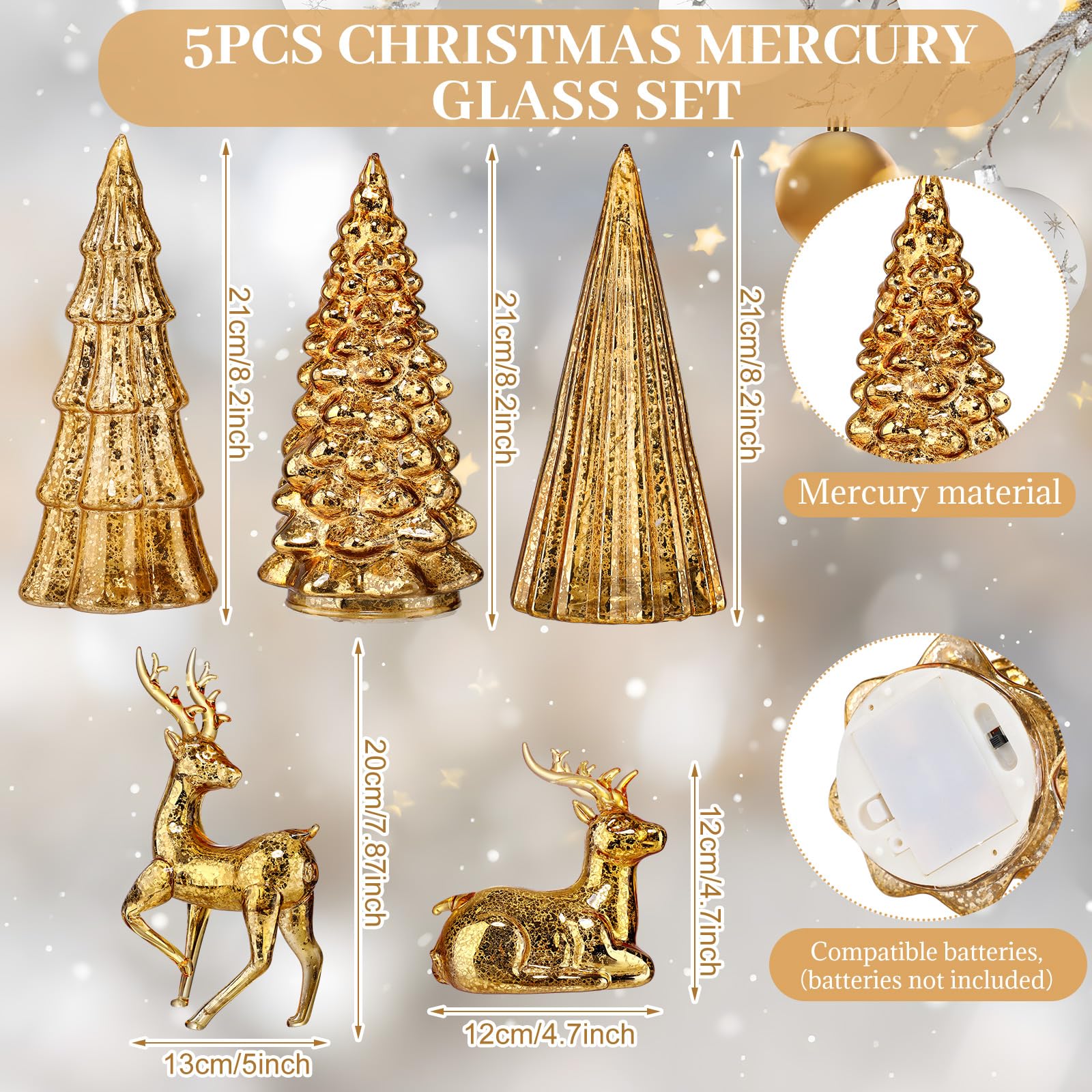 Flutesan Lot de 5 sapins de Noël et rennes éclairés en verre mercure pour table de Noël, centre de table, décoration pour maison, fête de Noël, cheminée