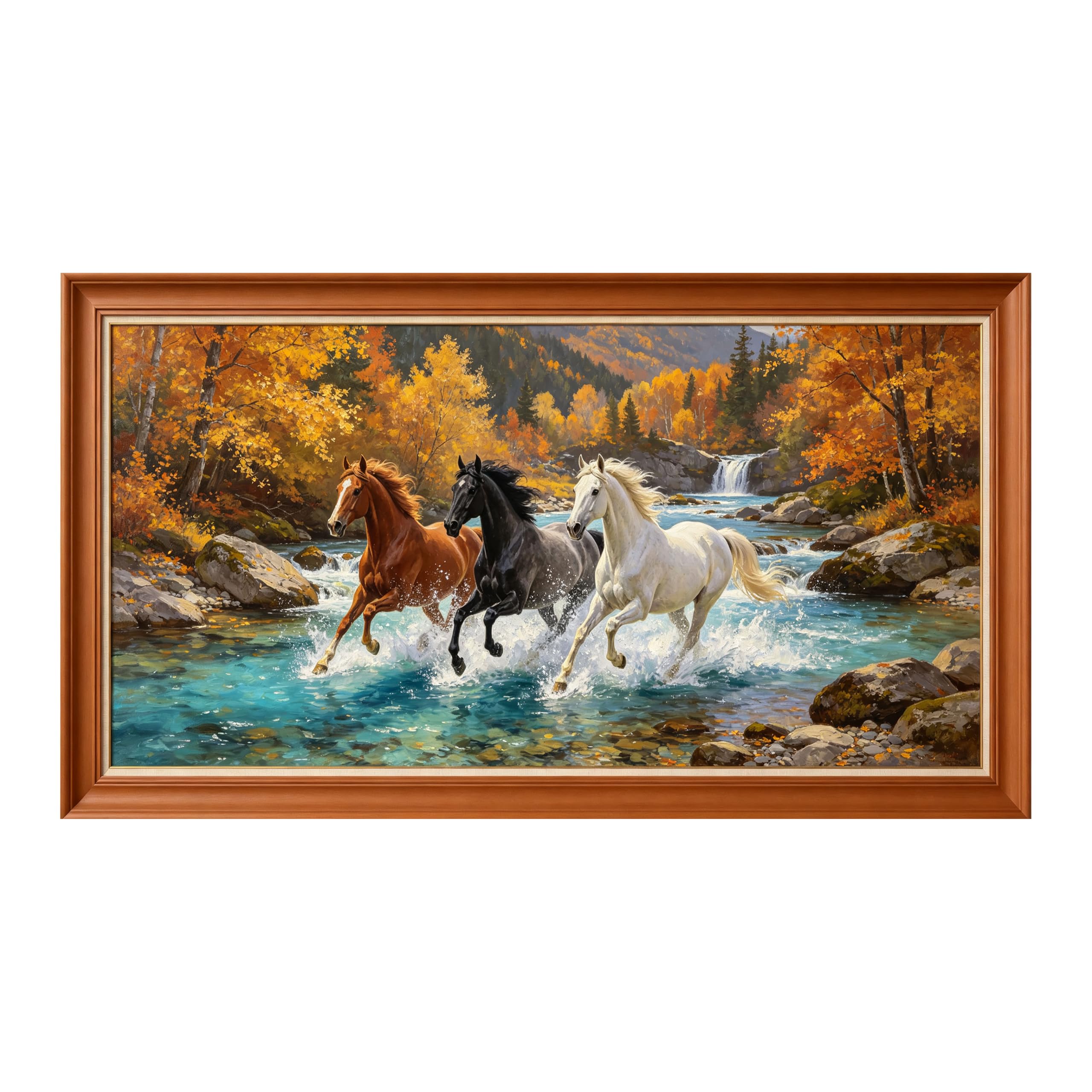 Yzpallescene Art260711016 3D Framed Wall Art Autumn Running Horses Waterfall Landscape Rustic Oil Painting Large Size Selfadhesive Removable Wall Decor Prints Artwork For Living Room Bedroom Office