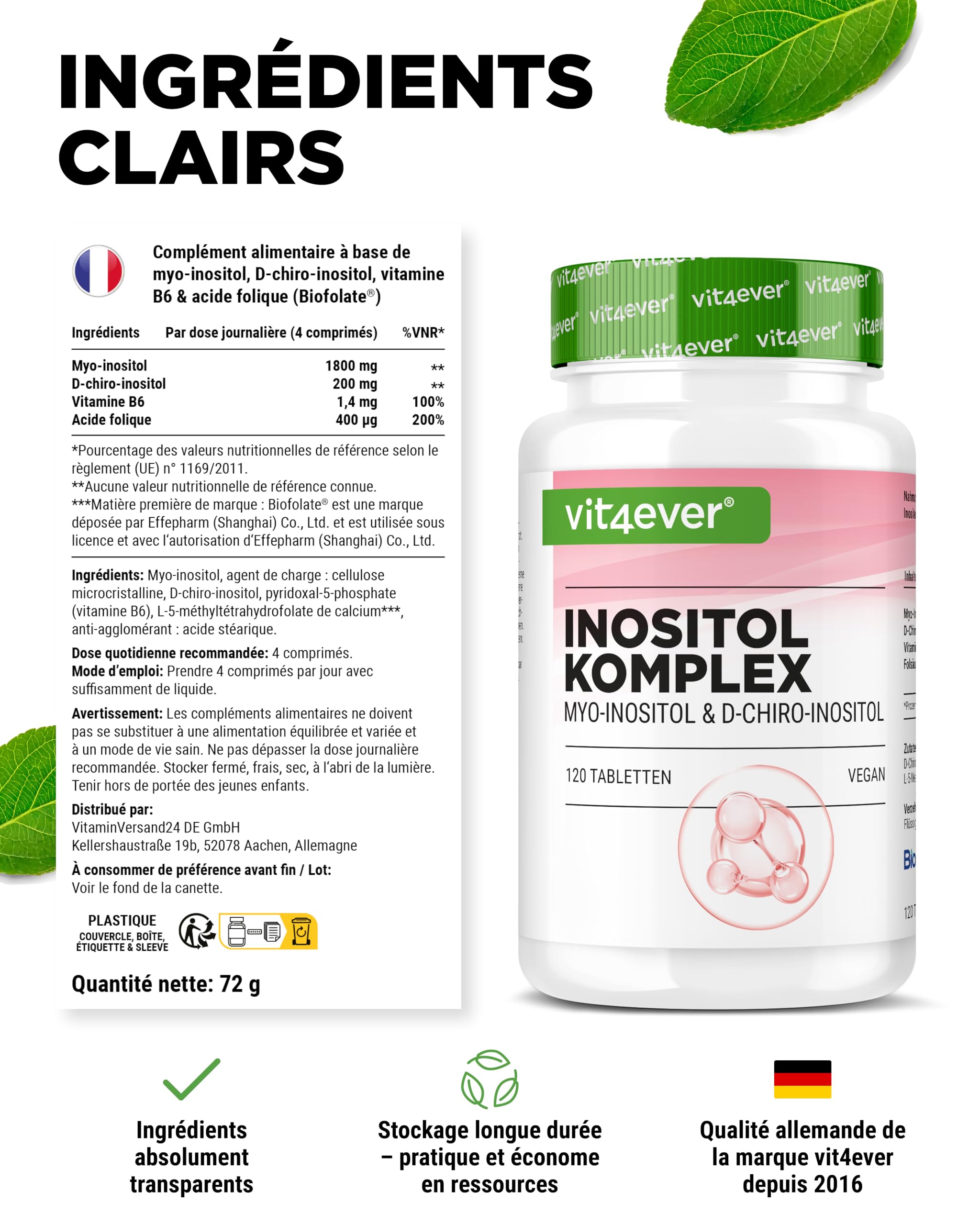 COMPLEXE INOSITOL - 2000mg de Myo & D-Chiro-Inositol - Vitamine B6 & Folate - pour les femmes ayant un désir d’enfant - contribue à une fertilité & hormone normales - 120 comprimés