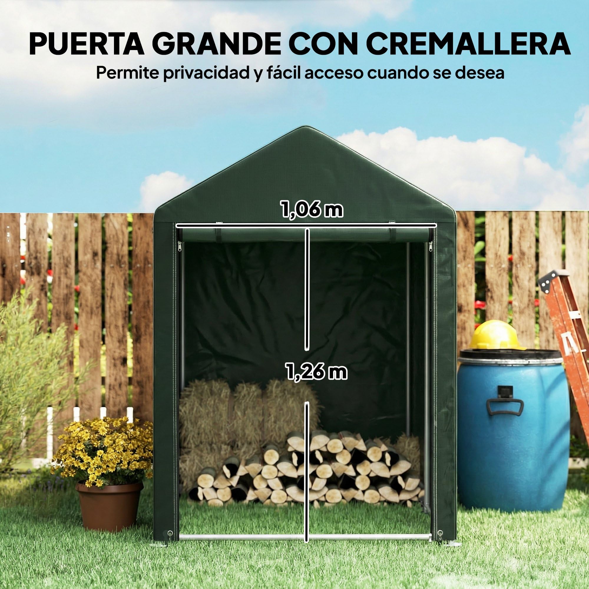 Outsunny Carpa de Jardín Exterior para Herramientas Bicicletas 1,2x1,8x1,65 m, Cobertizo Exterior con 2 Habitaciones, Puerta Enrollable con Cremallera, Impermeable Anti-UV, Garaje Portátil, Verde - 5