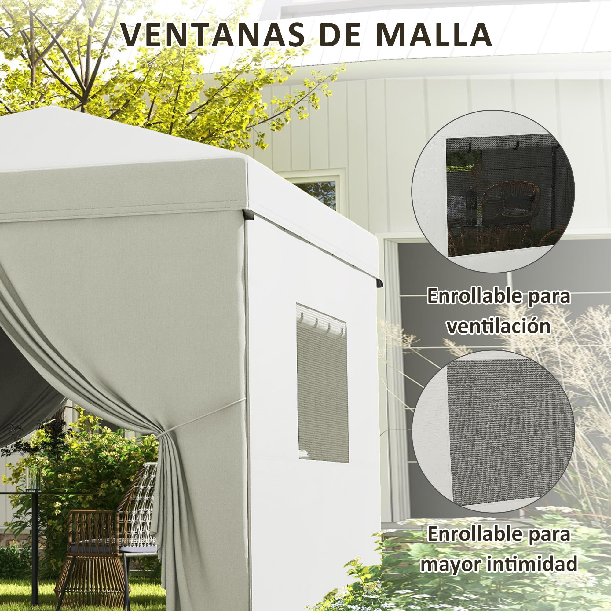 Outsunny Carpa Plegable Pop-Up 3x3 m Cenador de Jardín con 4 Paredes Laterales 2 Ventanas de Malla Altura Ajustable Bolsa de Transporte Impermeable y Anti-UV para Camping Fiestas Blanco