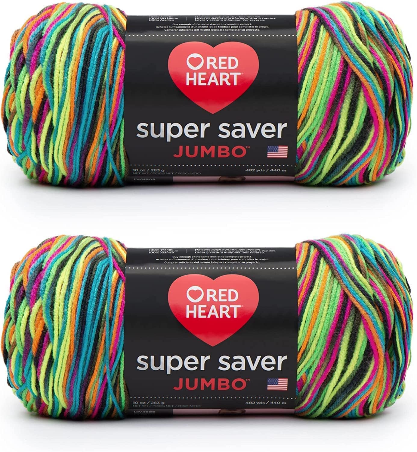 Red Heart Super Saver Jumbo Blacklight Yarn - 2 Pack of 283g/10oz - Acrylic - 4 Medium (Worsted) - 482 Yards - Knitting/Crochet