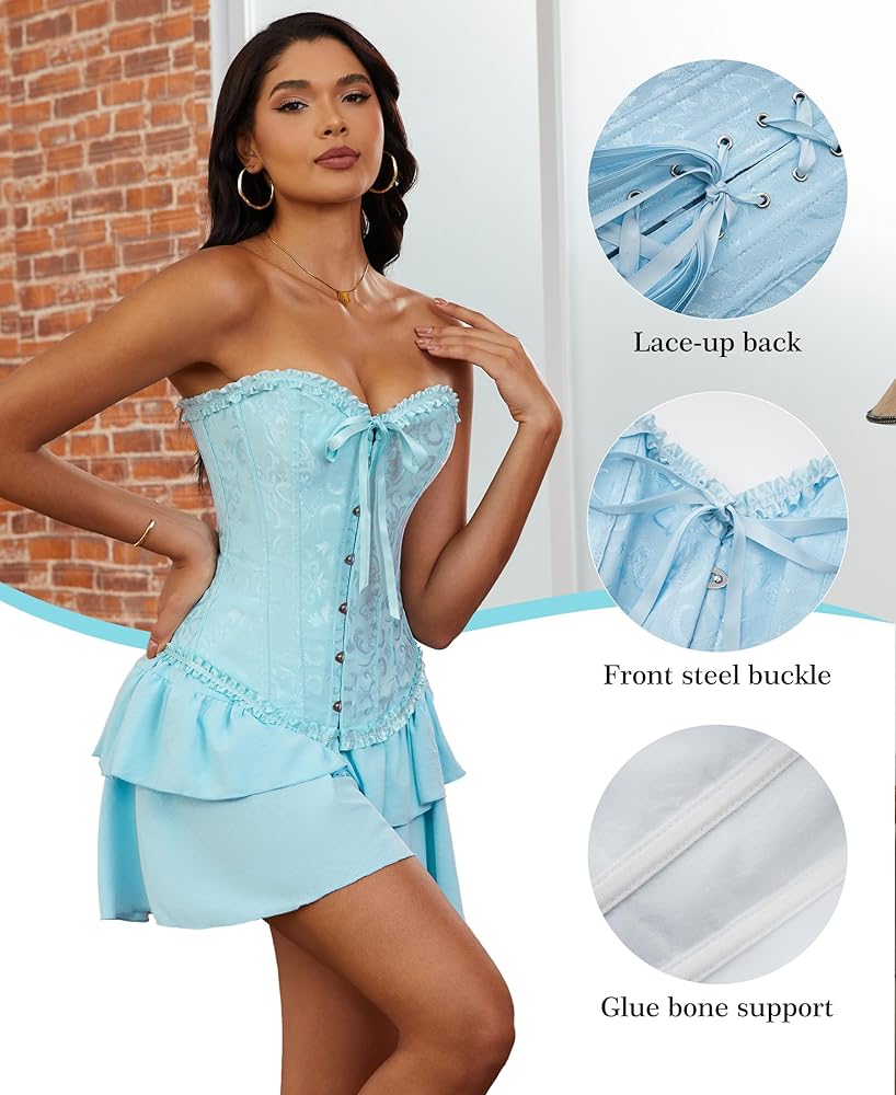 Vrapo Cabana Blue Corset Top for Women | Overbust Lace Up Waist