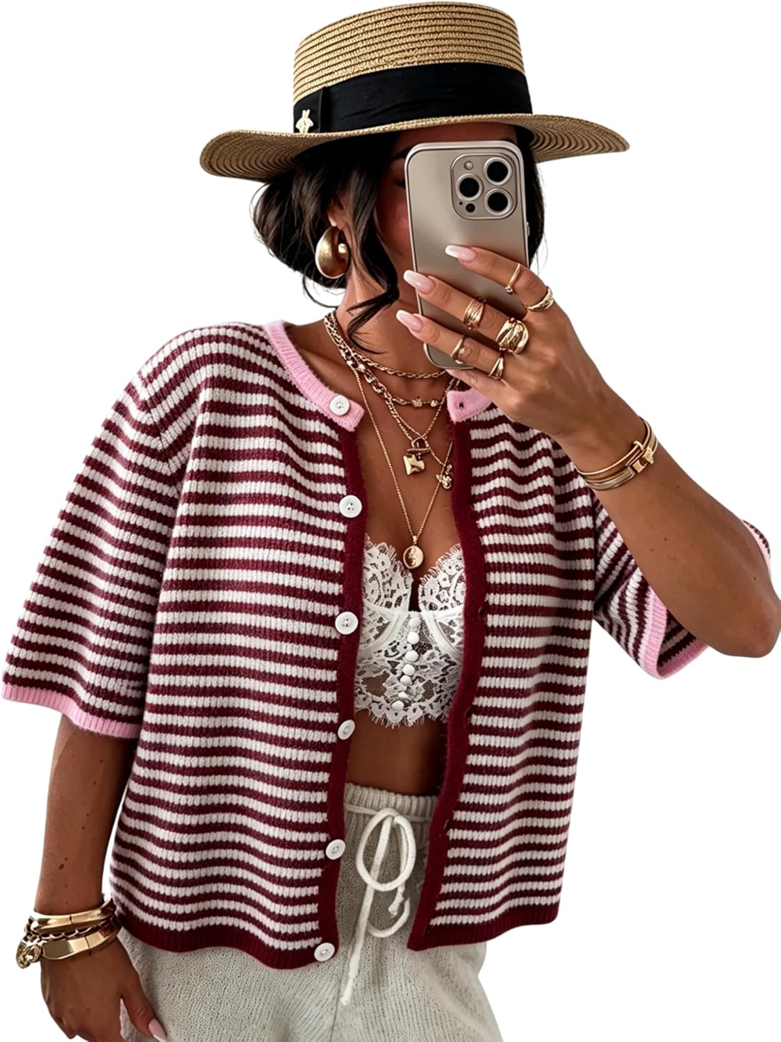 AMEBELLE Women's Lightweight Short Sleeve Cardigan Summer Casual Striped Knit Open Front Button Down Sweater