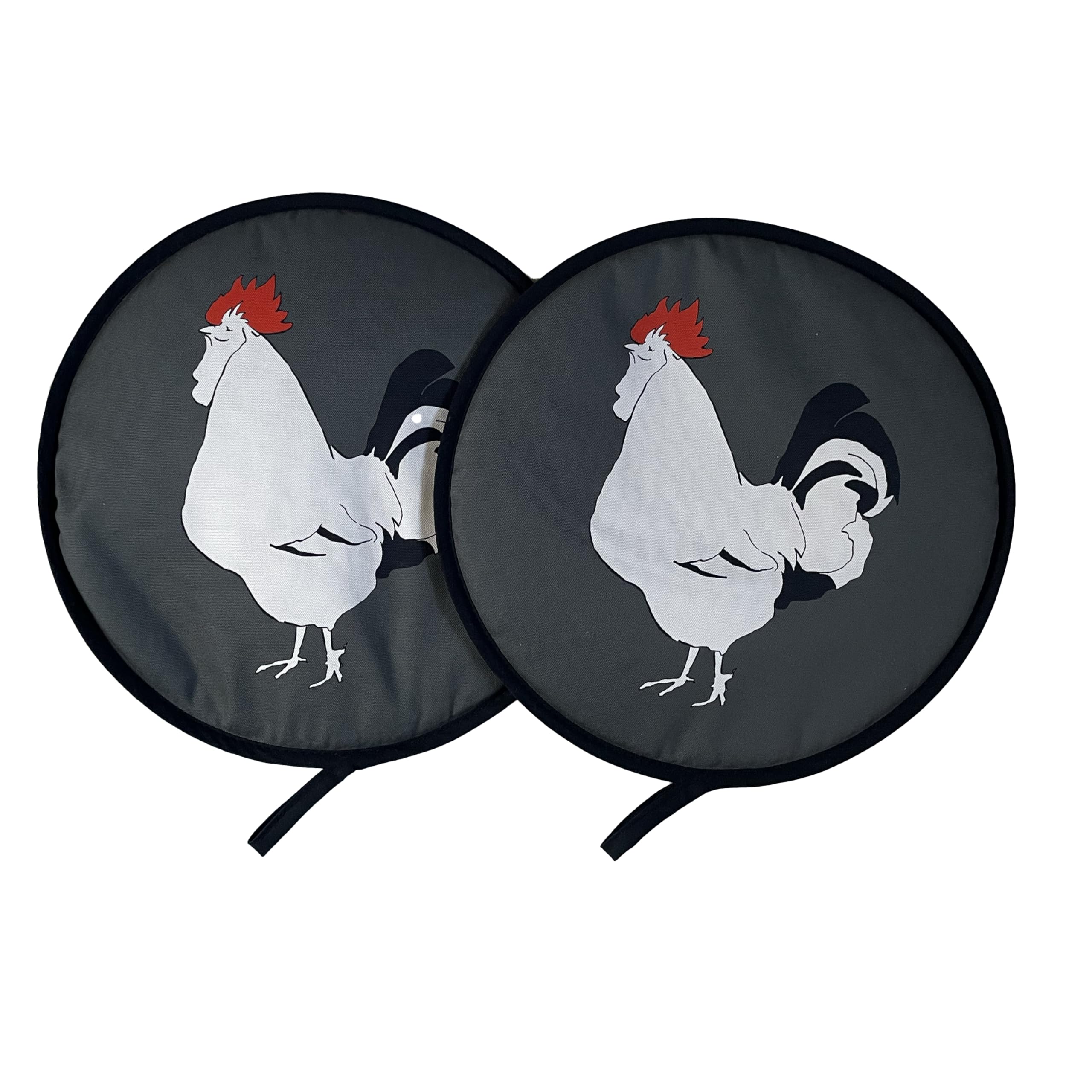 Cluck Cluck! Pair of grey Aga Chef Pad Hen design circular Insulated hob cover with loop.