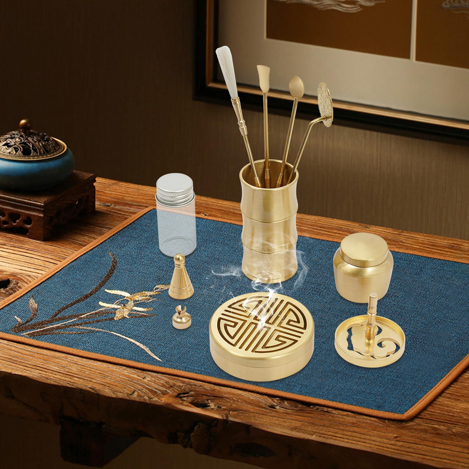 Set di 11 bastoncini di incenso in ottone, accessori completi con pratica scatola, bruciatore d'incenso in ottone per meditazione, yoga e consapevolezza