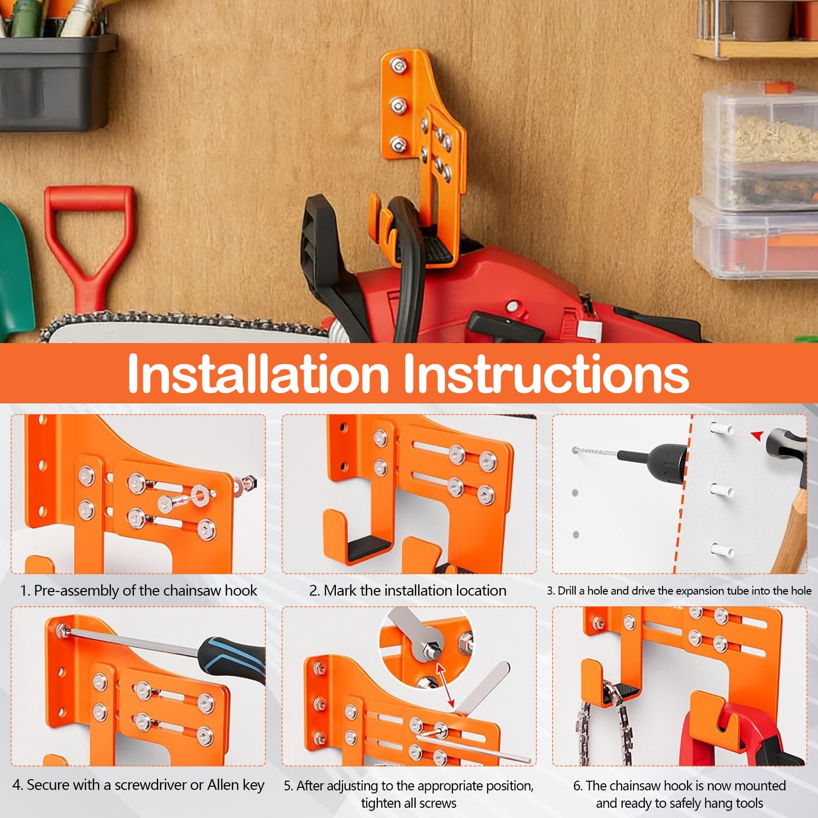 2 Piezas Ganchos para Motosierra, Soporte Ajustables para Motosierra con Doble Gancho, Soporte Organizador Herramientas Pared Colgador de Motosierras para Jardín, Garaje, Taller