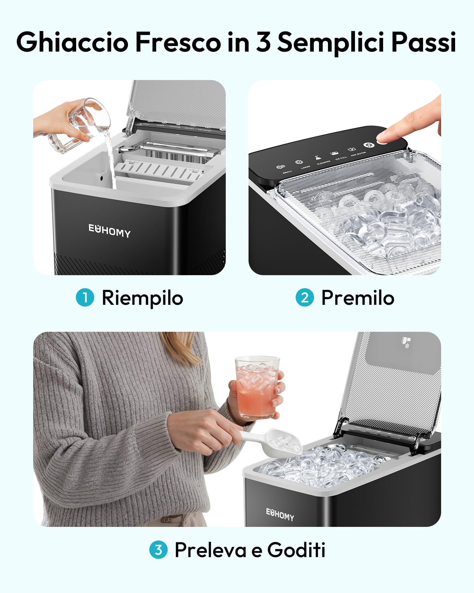 EUHOMY Macchina per il Ghiaccio Casa: 12KG/24H, 9 Cubetti di Ghiaccio in 2 Dimensioni, Macchina del Ghiaccio Autopulente con Paletta/Cestello, per Cucina/Ufficio, Nero