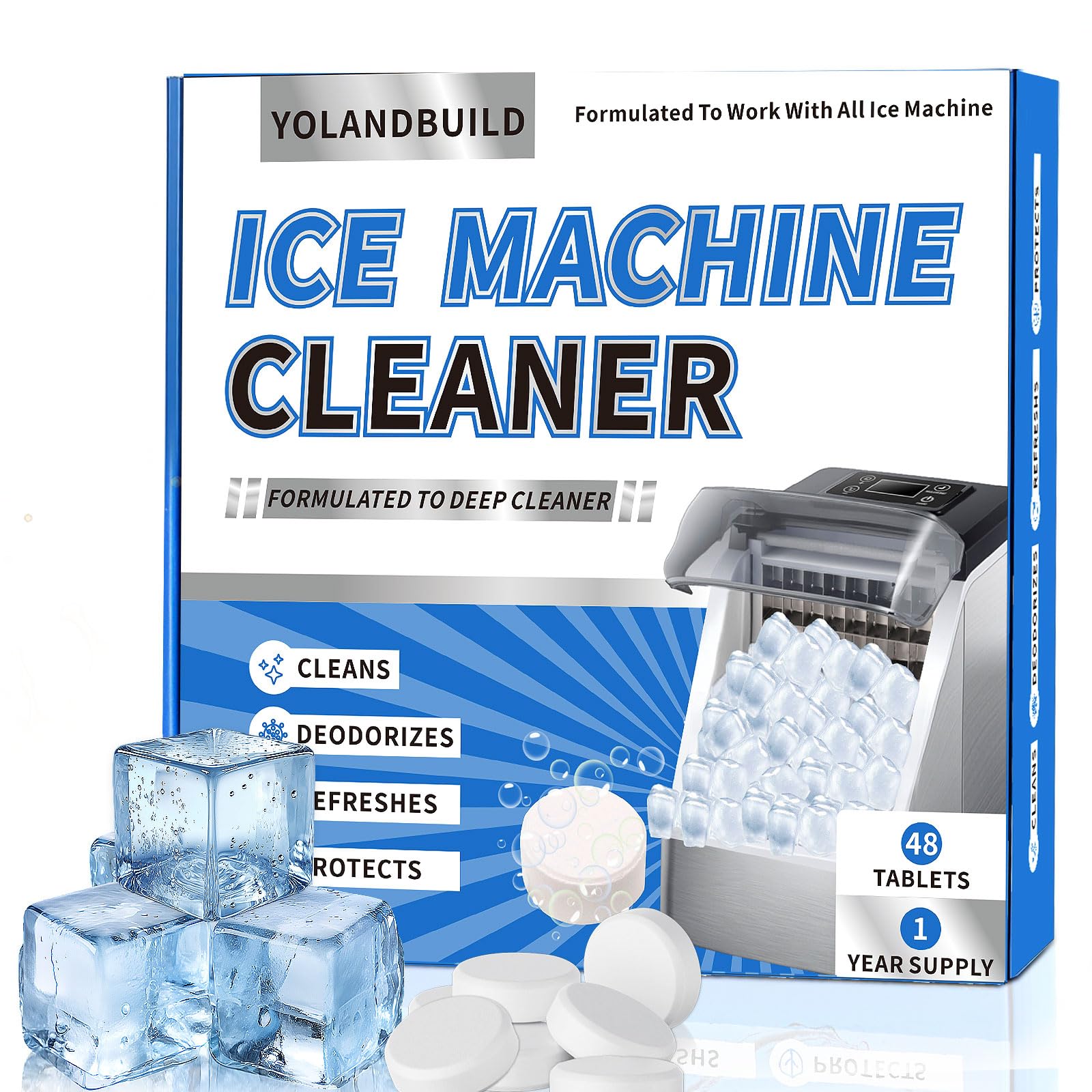Ice Machine Cleaner Maker Descaler - 48 clean Tablets Compatible with Frigidaire, Opal, GE Profile, Kitchenaid, Nickel Safe Scale Remover for Countertop, Nugget Ice Makers-Odor-Free, Crystal Clear Ice