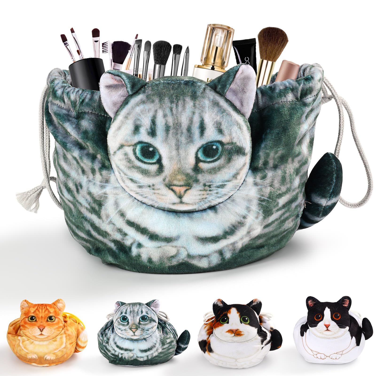 Openhahaha Trousse cosmetica con coulisse, regalo per gli amanti dei gatti, borsa cosmetica piatta per donne e ragazze, borsa cosmetica da viaggio, Grigio-001, Trousse per cosmetici