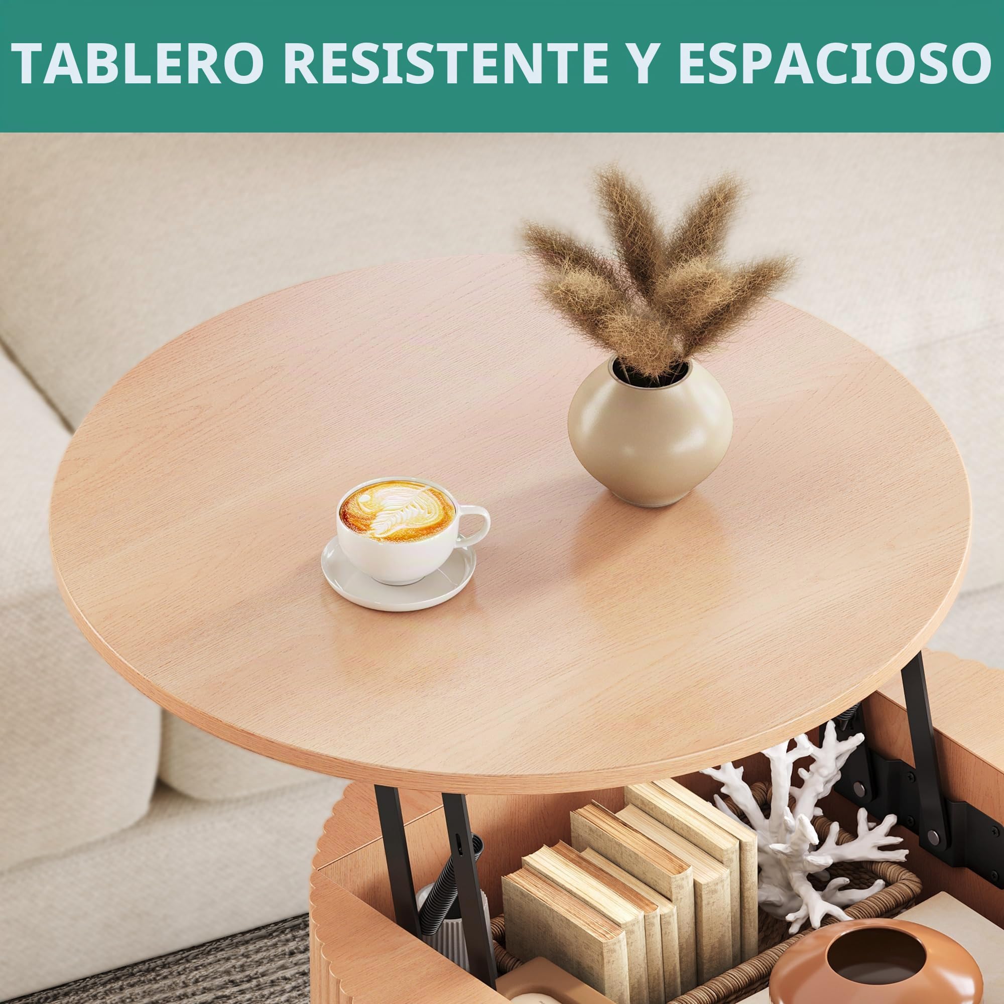 YITAHOME Mesa de Centro Elevable, Mesa Centro Redonda con Espacio de Almacenamiento de Dos Niveles, Mesa de Café Acanalada con Diseño Acanalado y Almacenamiento Oculto para Salón, Color Roble