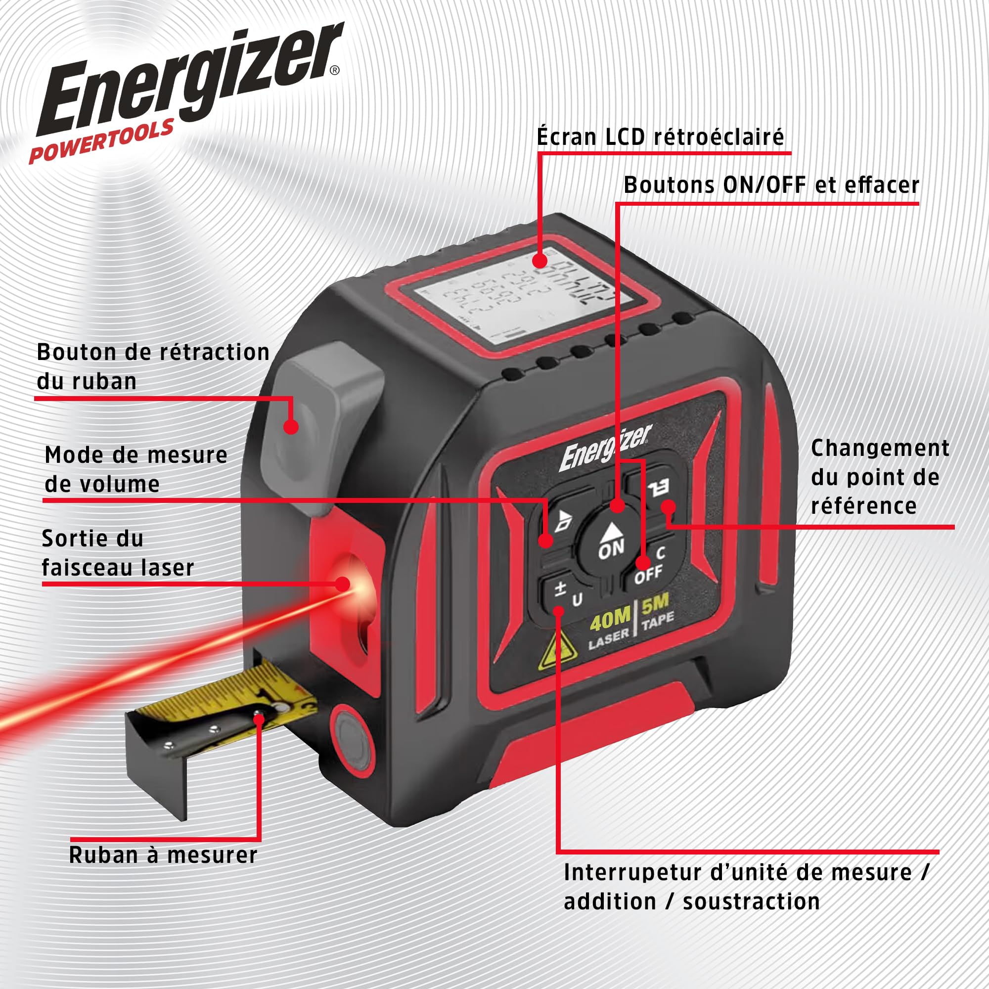 Energizer - Télémètre Laser 2 en 1, Mètre Laser 40m & Ruban à Mesurer 5m, Écran LCD, Rechargeable USB-C, Mètre à Ruban Laser Numérique Mesureur de Volume - Batterie Longue durée