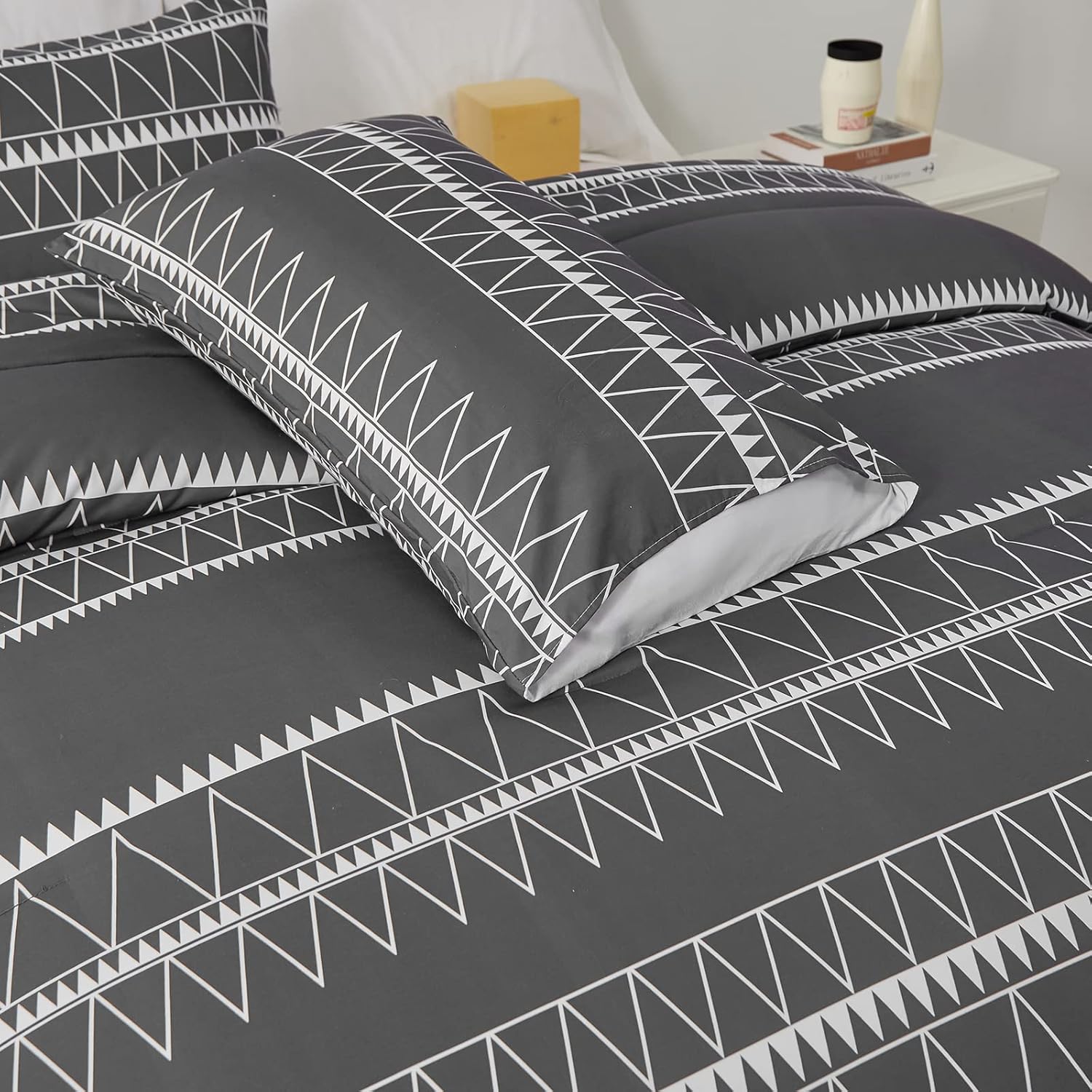 WONGS BEDDING Dark Grey Comforter Set Queen, Boho Reversible Gray Bedding Set - 3 Pieces (1 Striped Comforter + 2 Pillowcases), Microfiber Down Alternative for Queen Bed 90"×90"