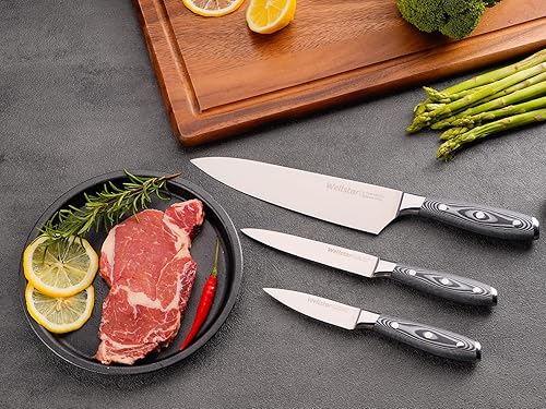 Miniatura 5 de WELLSTAR Juego de cuchillos de chef de 3 piezas de grado profesional, acero de alto carbono afilado para maestría culinaria en casa o cocinas