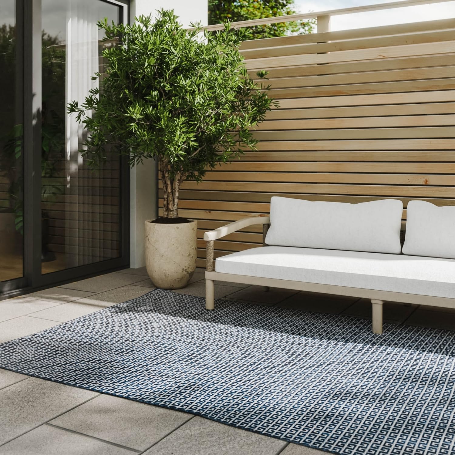 benuta Basic Tapis Exterieur Lou - Bleu 160x230 cm - Intempéries et UV résistant - Multifonction Balcon, terrasse, Jardin - Cuisine, Salon, Couloir, Salle à Manger - Entretien Facile