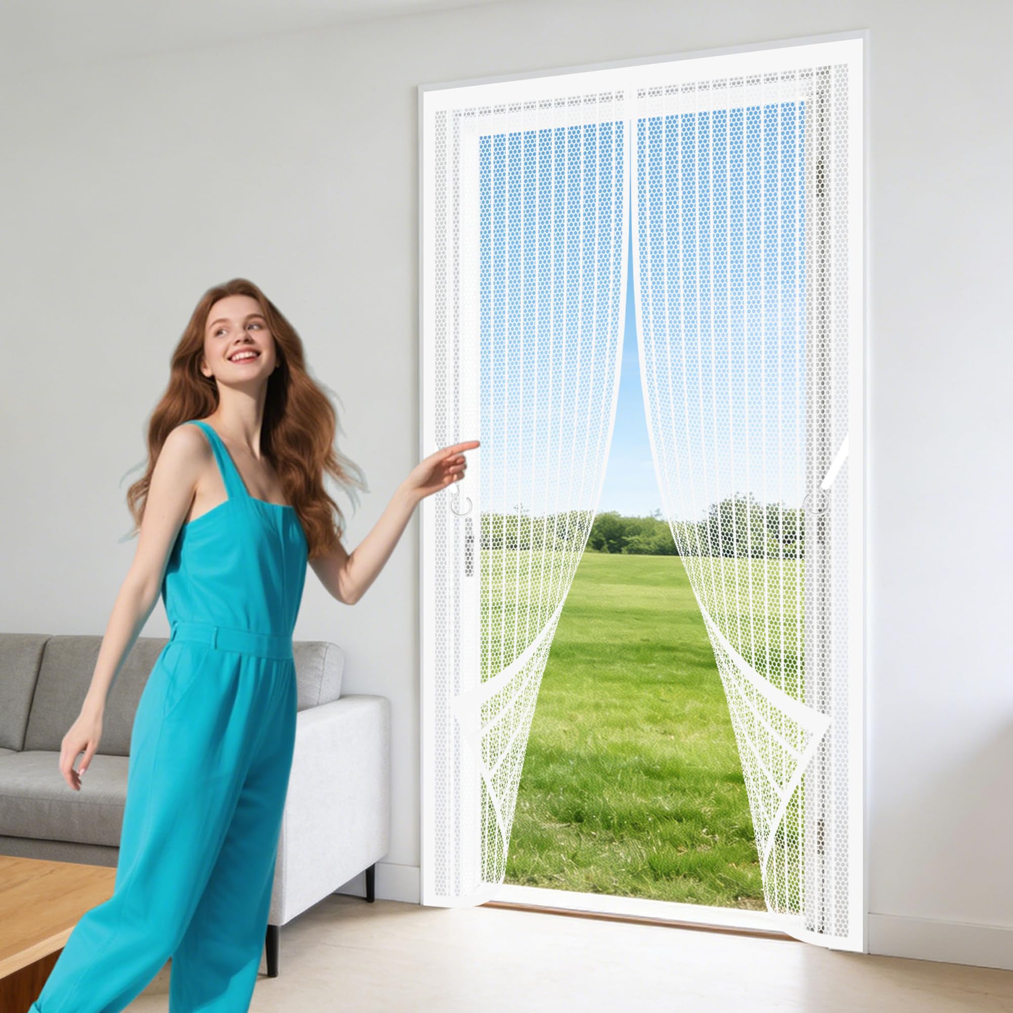 Magnetic Door Curtains Fly Screen 73 x 282 cm Automatically Closes Magic Paste Curtains Keep Bugs Out Lets Fresh Air Suitable for Patio Room Balcony Bedroom, White