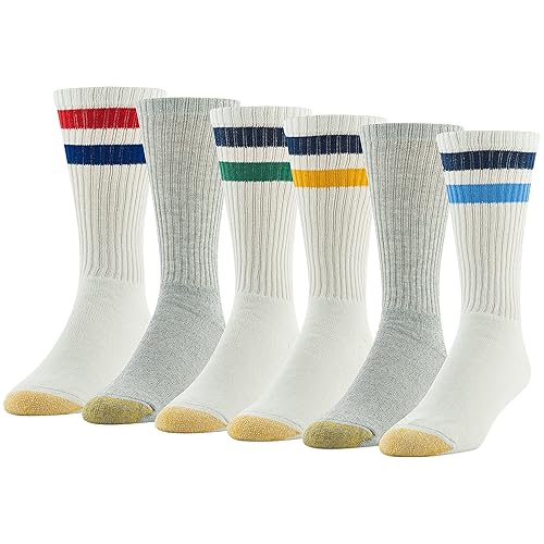 GOLDTOE Men's 656S Cotton Crew Athletic Socks, Multipairs - Stripe White/Light Blue Assorted (6-pairs) - Large