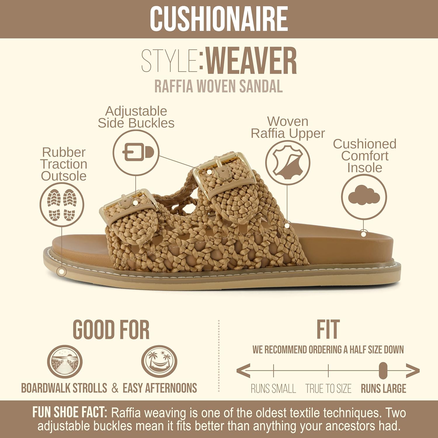 CUSHIONAIRE Weaver Summer Sandals for Women - Shiny Raffia Woven Slip On Womens Slides with Adjustable Buckle