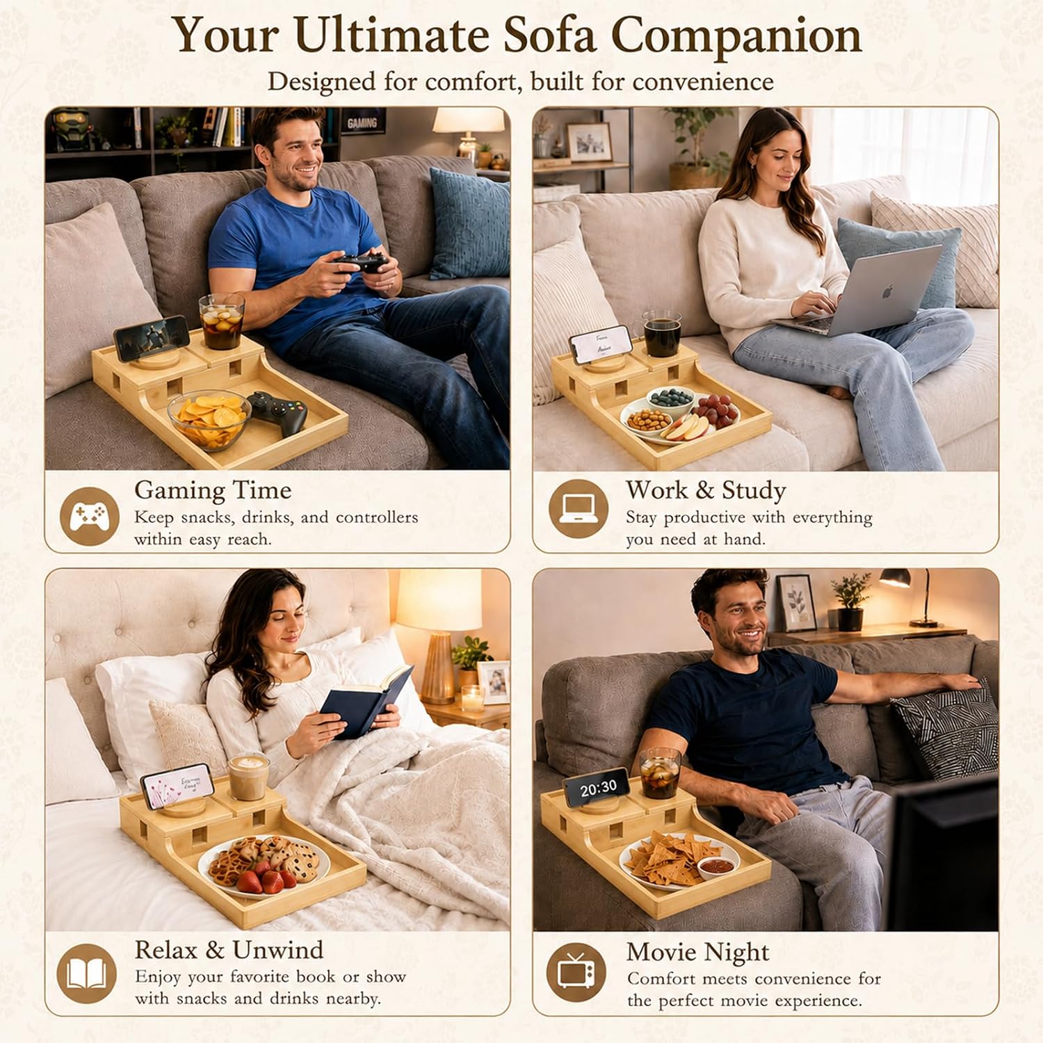 2-in-1 Bamboo Couch Tray – Insert & Flat Sofa Organizer with Anti-Slip Base,360° Rotating Phone Holder, Cup Holder, 15.3x9.8 in, Fit Seat Gaps or Armless,Sectional Sofa image 4