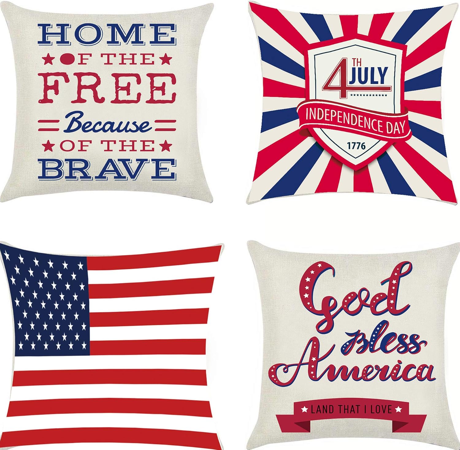 4th of July Decorations Pillow Covers Independence Day Cushion Case, American Pillow Shams, Patriotic Throw Pillowslip Text & Truck Pillow Cases for Sofa, Couch, Bedroom Home Decor 18x18 Set of 4.