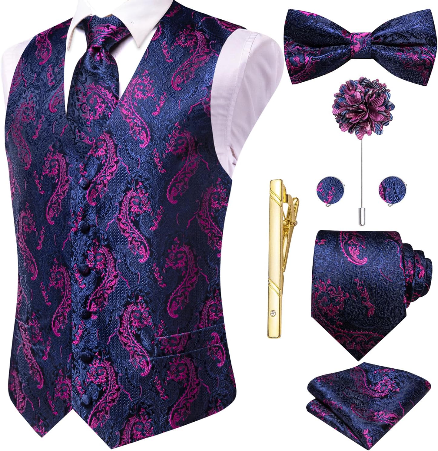 Hi-Tie Silk Mens Suit Vest Tie and Bowtie Lapel Pin Gold Tie Clip Paisley Floral Waistcoat 8PCS Set Tuxedo Wedding Party