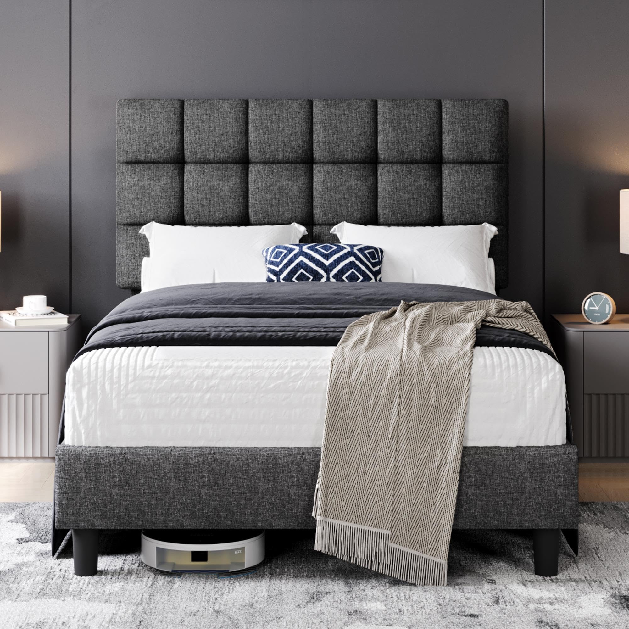 Yaheetech 4ft Small Double Bed Frame Upholstered Platform Bed with Adjustable Square Tufted Headboard/Linen Fabric/Sturdy Wooden Slat Support/No Box Spring Needed, Dark Grey Small Double Bed