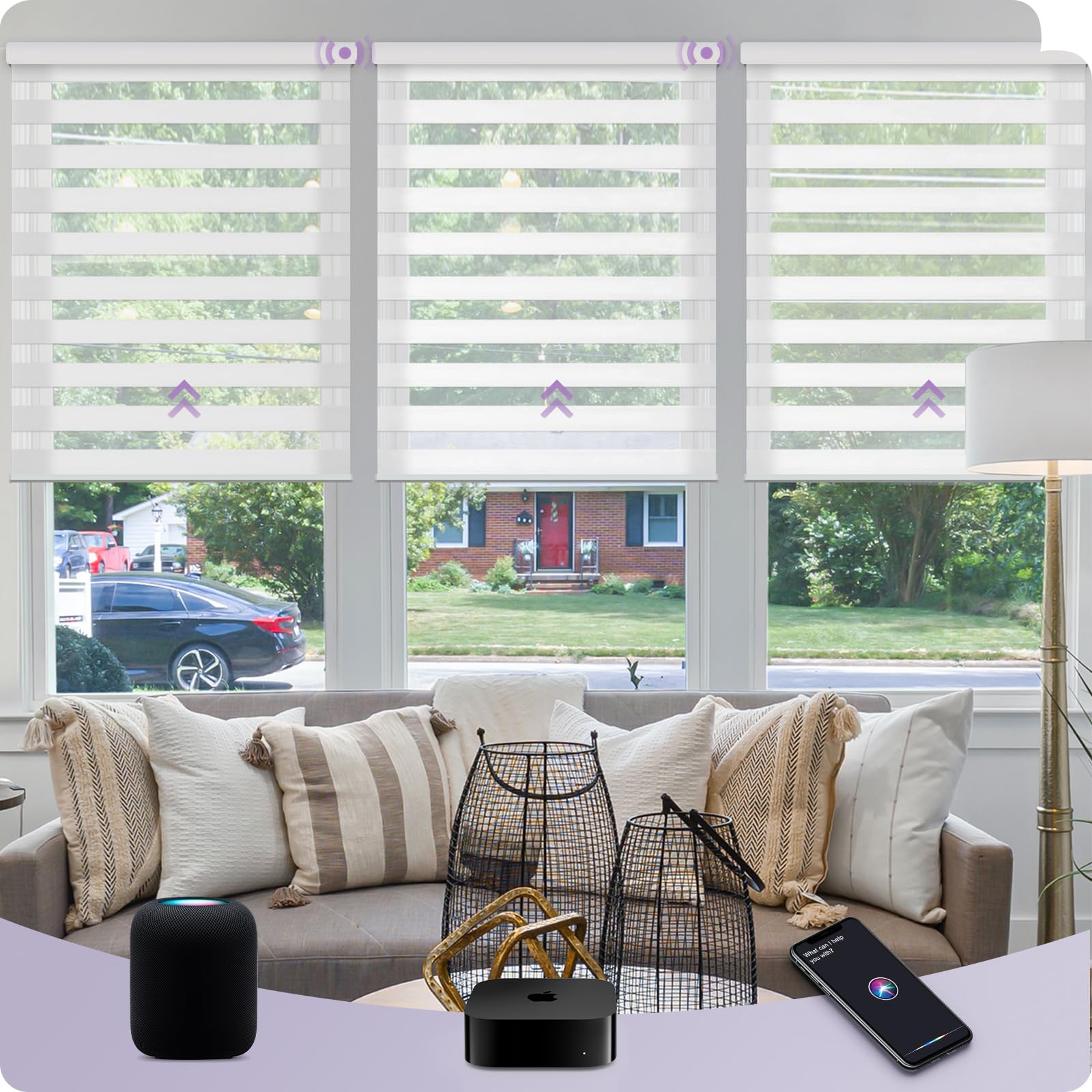 Graywind HomeKit Smart Zebra Blinds Eve Powered Siri Voice Home App Rechargeable Motorized Dual Layer Blinds Privacy Light Control, Custom Size (Wool-Like White)