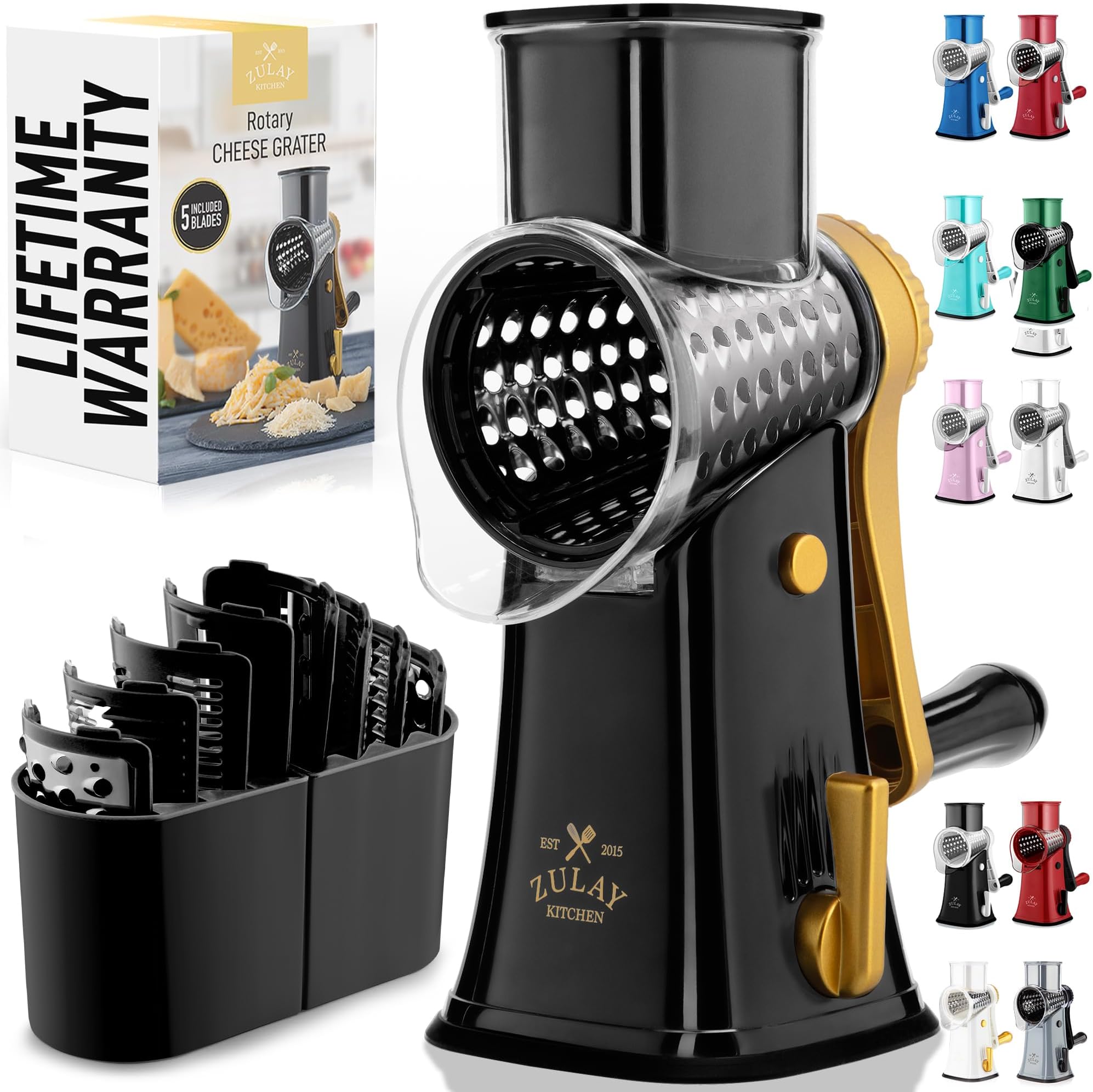 Rotary Cheese Grater 5 Blade Cheese Shredder - Manual Hand Crank Cheese Grater With Reinforced Suction & 5 Interchangeable Drums - Easy to Use, Vegetable Chopper Round Mandoline Slicer