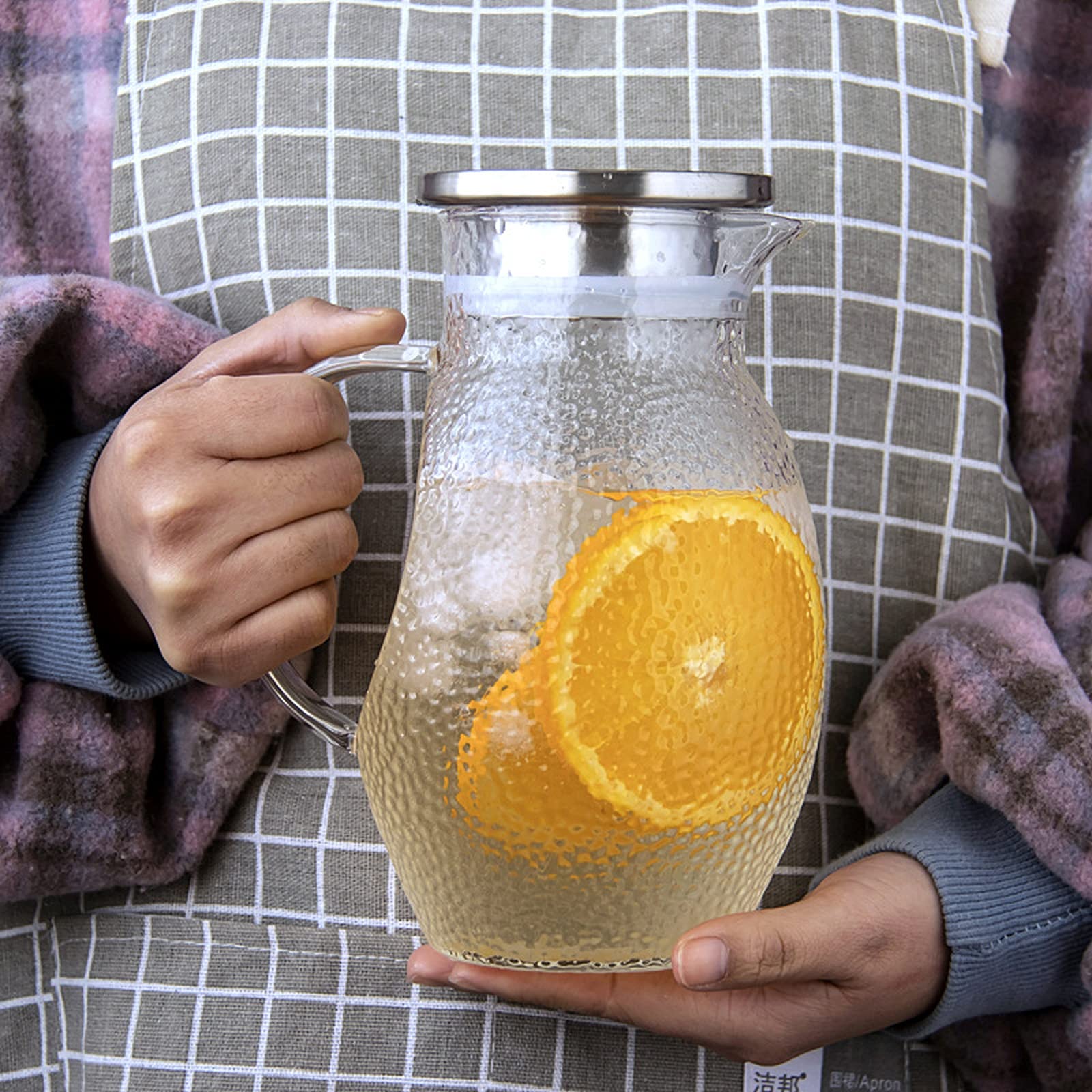 Jarra Agua Fria Jarra de vidrio de alta borosilicato con dos tipos de puntos de venta Tetera resistente al calor del martillo-patrón del martillo del hogar (40.5 oz) Jarra Agua Detox Frutas