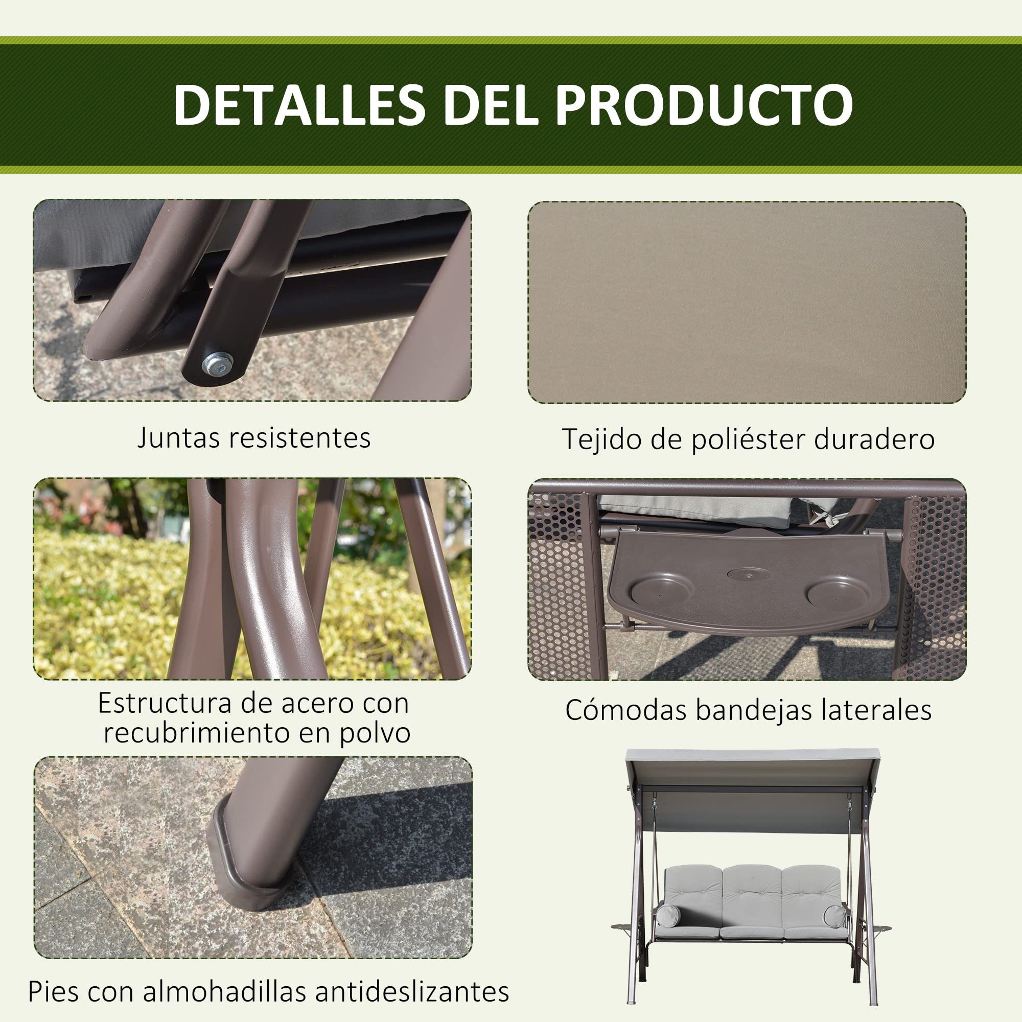 Outsunny Balancín de Jardín Exterior de 3 Plazas 206x116x183 cm Gris | Columpio de Jardín Exterior, Toldo Ajustable, Bandejas Laterales, 2 Almohadas, Marco de Metal, Carga 360 kg