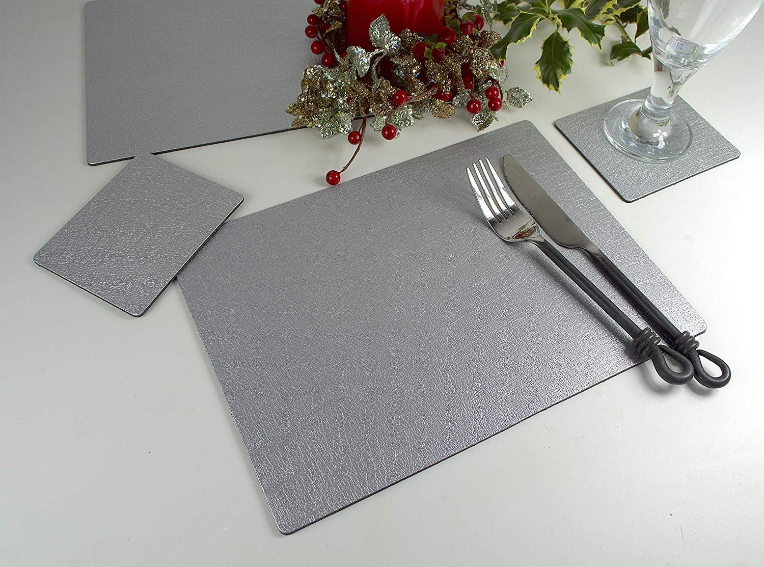 Giftag Set of 6 Artisan Silver Bonded Leather Placemats and 6 Coasters, Made in UK, 12 Piece