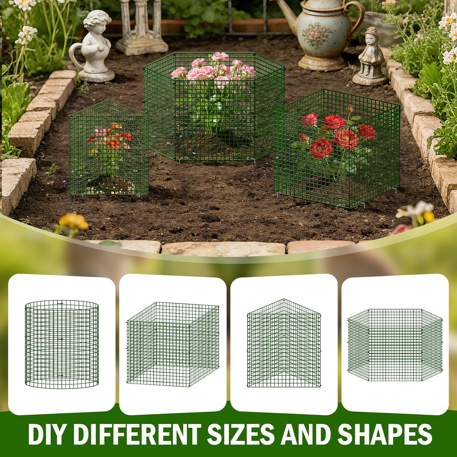 10 Pack Plant Protectors from Animals, 12" x 12" Round Metal Wire Garden Plant Cages to Keep Animals Out, Rabbit Proof Protection for Vegetables & Flowers with Stakes, Zip Ties & Gloves