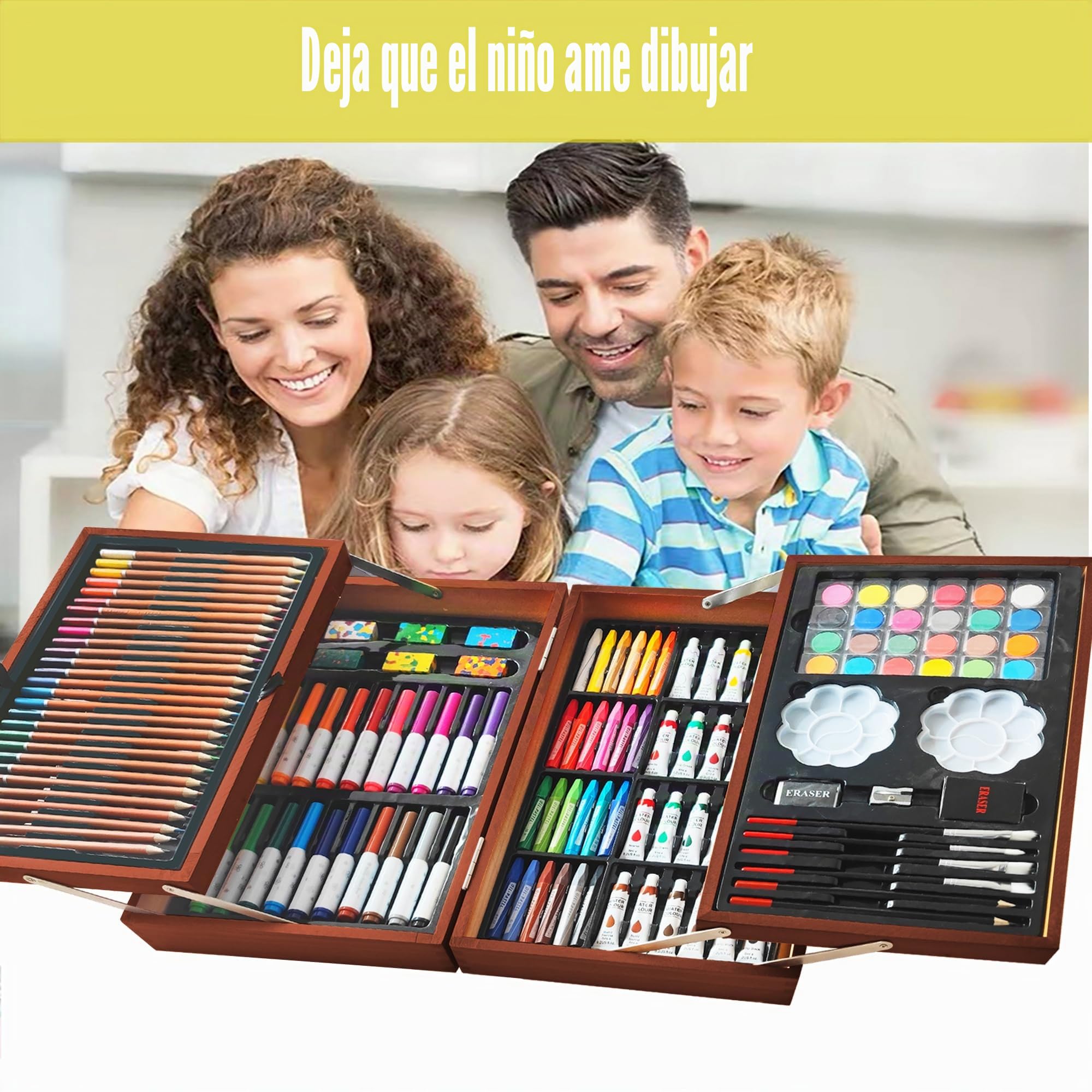KINSPORY Maletin Pinturas para Niños, 139 piezas Juegos de Dibujo, Acuarelas Lapices con caja de madera (Marrón)
