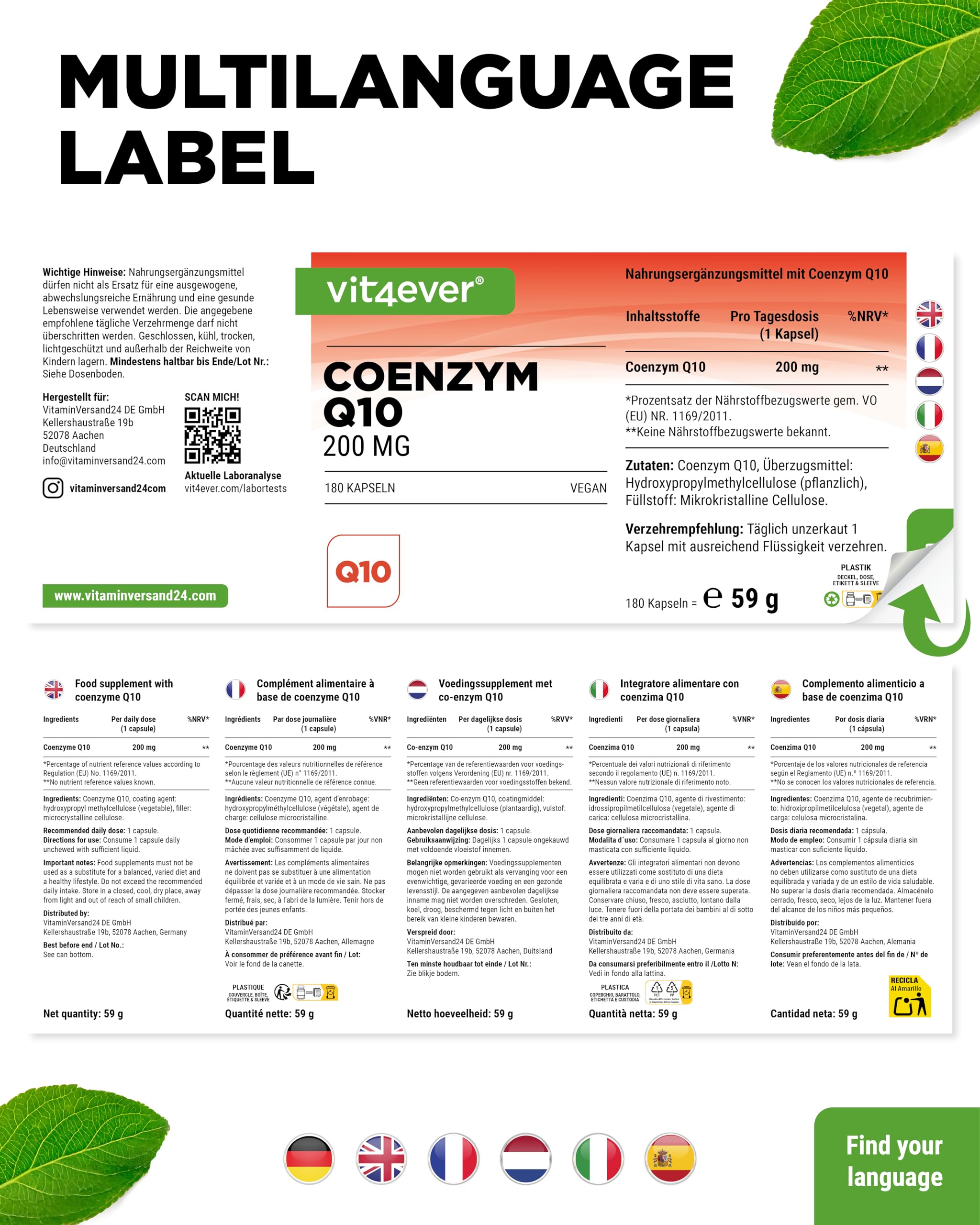vit4ever Coenzym Q10 mit 200mg pro Kapsel - 180 vegane Kapseln - 6 Monate Reichweite - hochwertiges Q10 - hochdosiert, ohne unnötige Zusätze & laborgeprüft