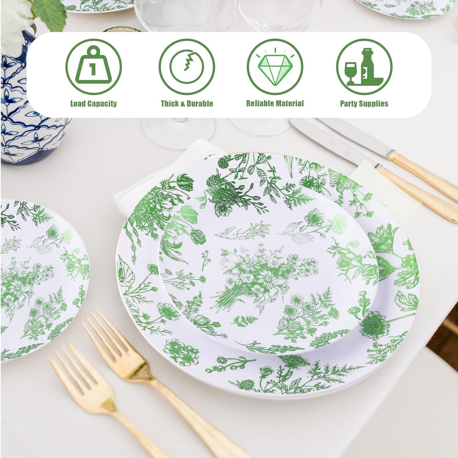 Kochorie 72 Pieces White & Green Floral Disposable Plastic Plates, 10.25" and 7.5" Dinner and Dessert Plates Serving Dish Tray Heavy Duty Party Tableware Supplies for Weddings Birthdays