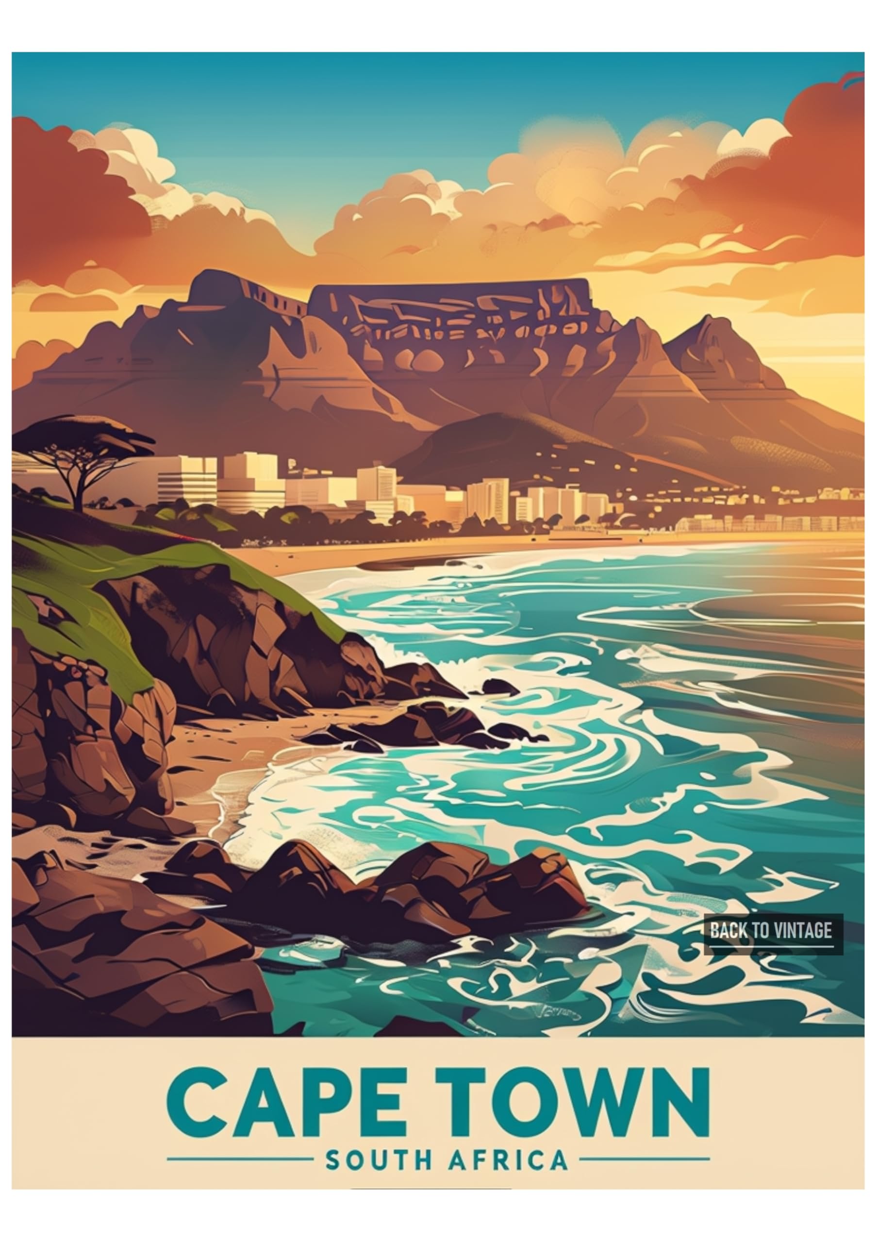 Back To Vintage Multicoloured Cape Town - Vintage African Travel Poster A4 Safari Print Retro Wall Art For Nature Lovers Home Office Or Wanderlust Inspired Interiors