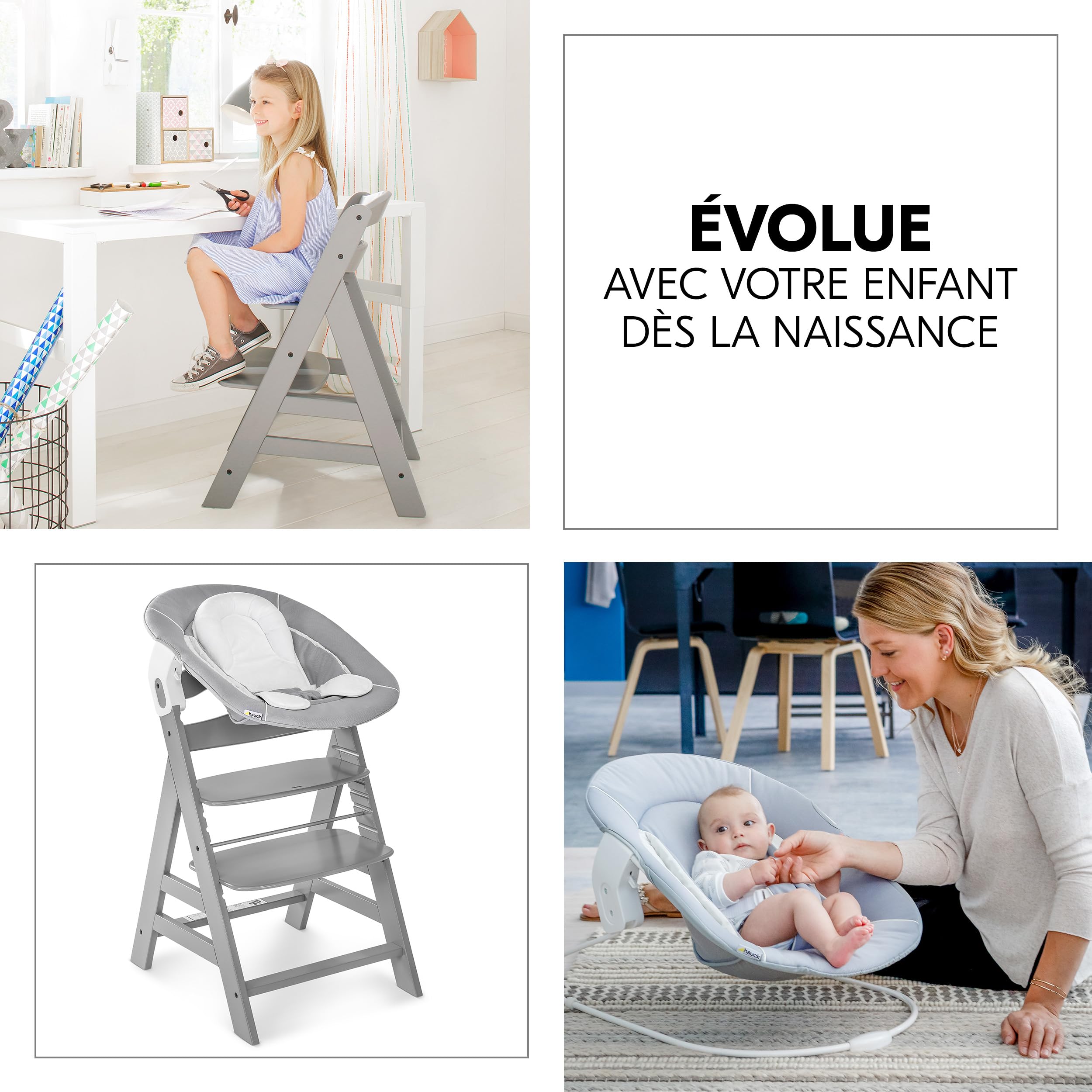 hauck Chaise Haute Bébé Alpha+ avec Siège Nouveau-Né 2 en 1 - Grey | Chaise haute évolutive en bois, de la naissance à 90 kg, inclus assise bébé, coussin et harnais 5 points