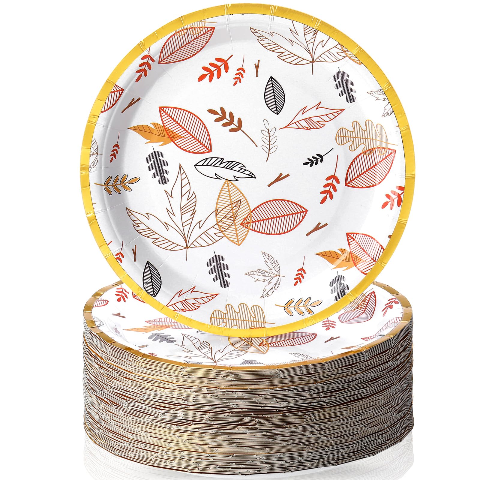 Uiifan Lot de 100 assiettes à dessert en carton de 17,8 cm - Assiettes rondes jetables pour dîner, dessert, anniversaire, anniversaire de mariage, fête d'automne (feuilles)