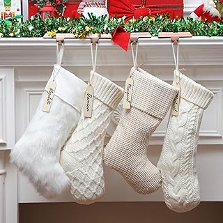 4 Pcs Neutral Christmas Stockings Set, 20'' Farmhouse Rustic Plush Faux ...