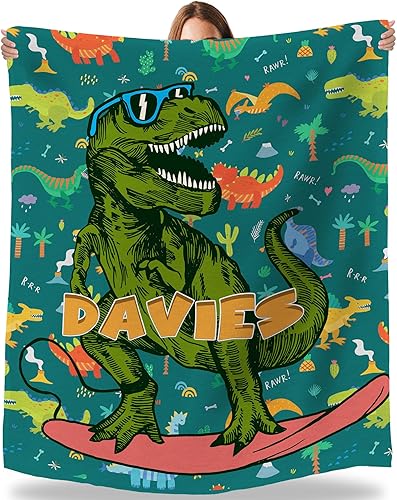 YESCUSTOM Mantas personalizadas con nombre para bebés niños y niñas, manta de dinosaurio verde para niños pequeños, manta de forro polar suave para