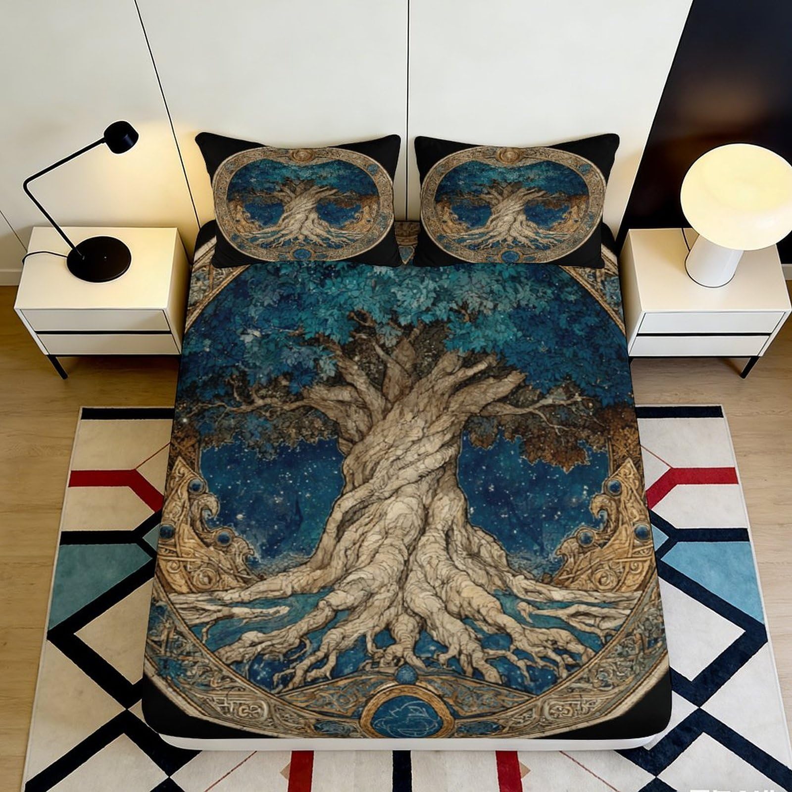 3D Printed Ancient Tree Fitted Sheet Microfiber Soft Breathable Night Forest Bed Cover for Bedroom Dorm Mattress Protection Decor 90x200x25cm